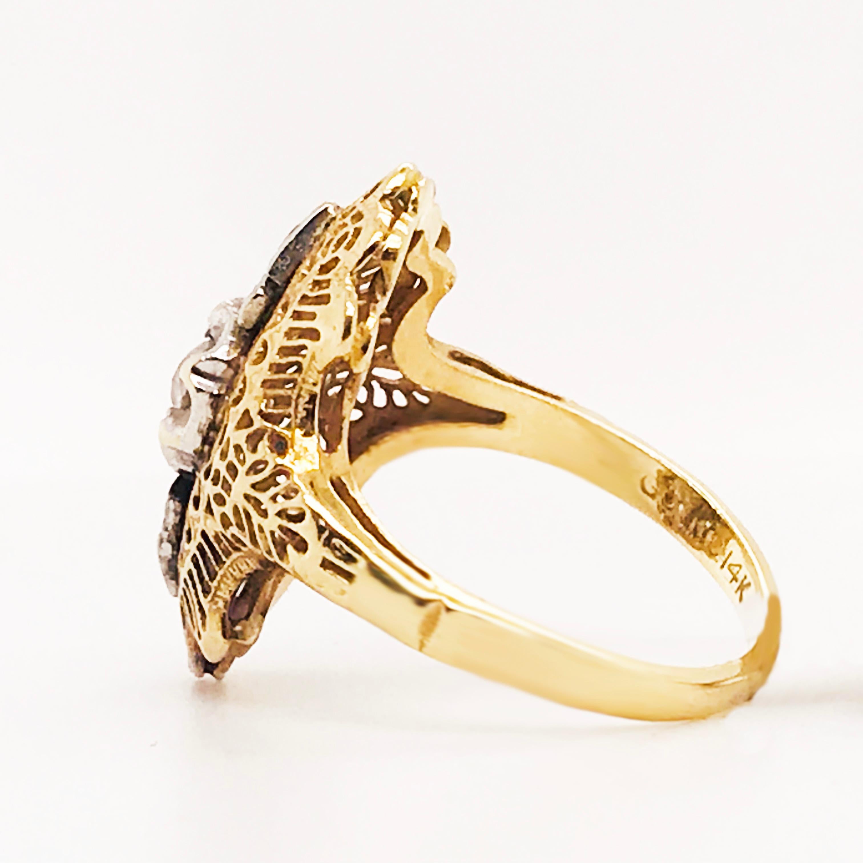 Diamond Filigree Estate Ring 14 Karat Yellow Gold 0.21 Carat Diamond Ring In Excellent Condition In Austin, TX