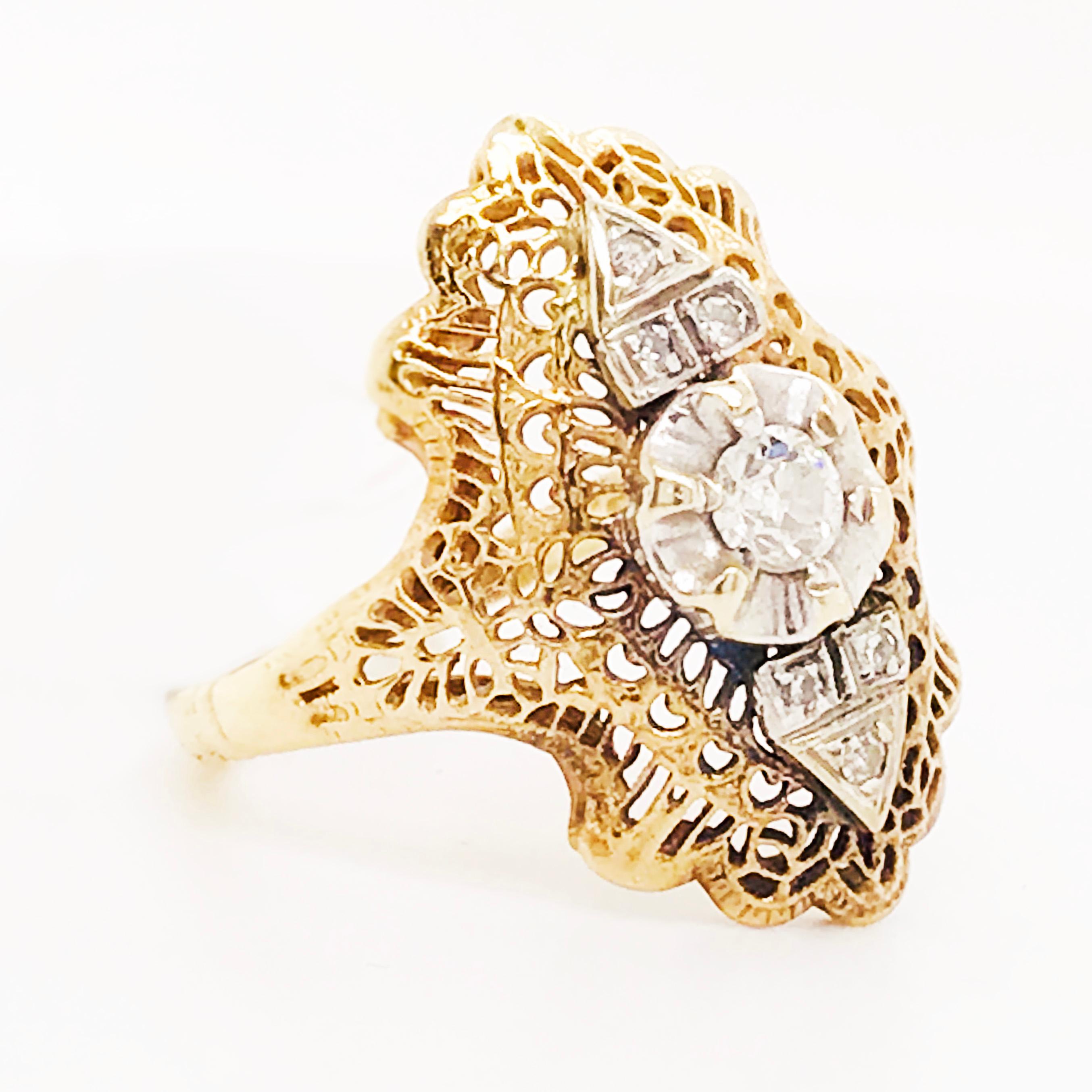 Women's Diamond Filigree Estate Ring 14 Karat Yellow Gold 0.21 Carat Diamond Ring