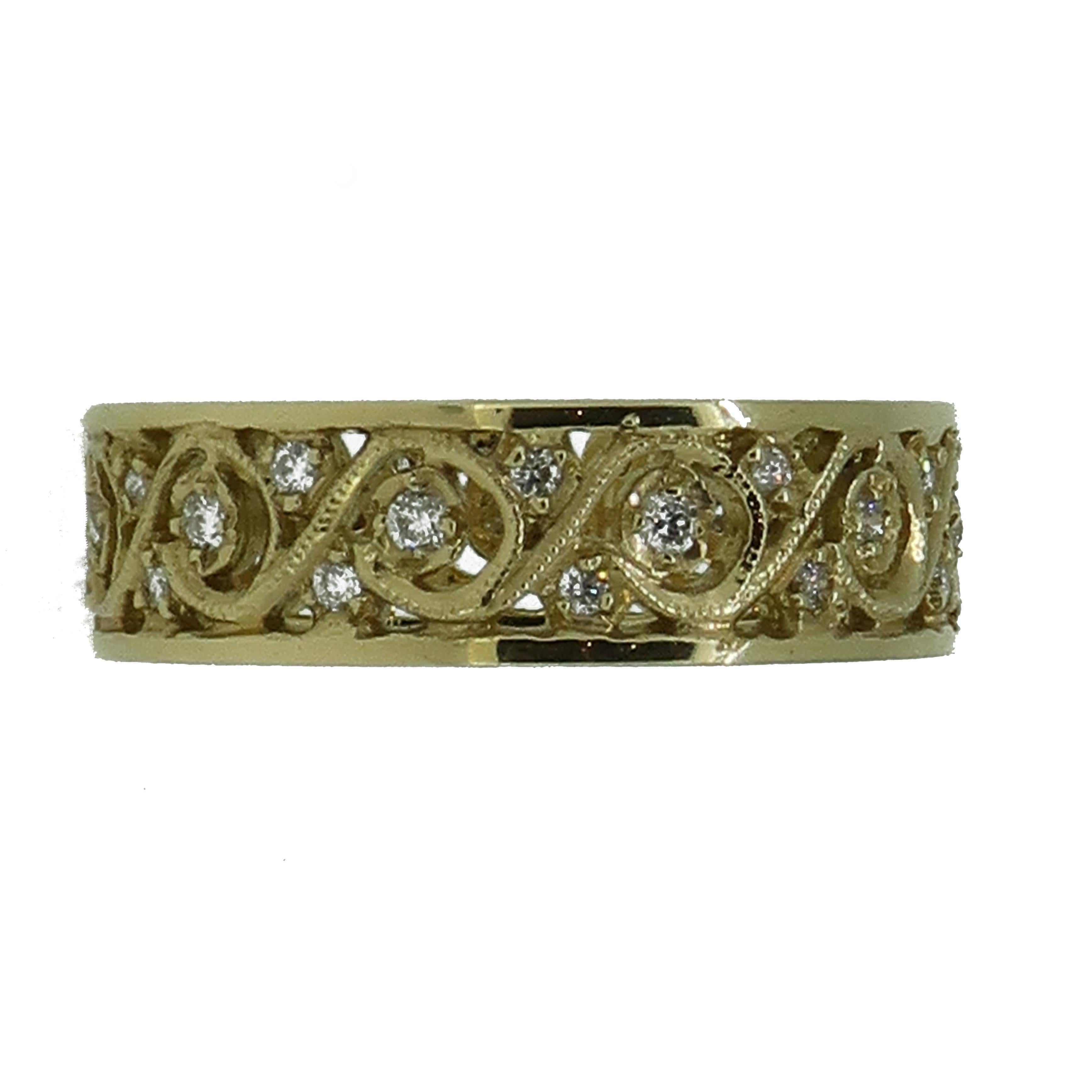 Diamond Filigree Eternity Band Ring 18 Karat Yellow Gold

A dainty filigree design diamond eternity band ring. Consisting of white brilliant cut diamonds, going all the way round the ring. All set in a delicate filigree setting in 18 carat yellow