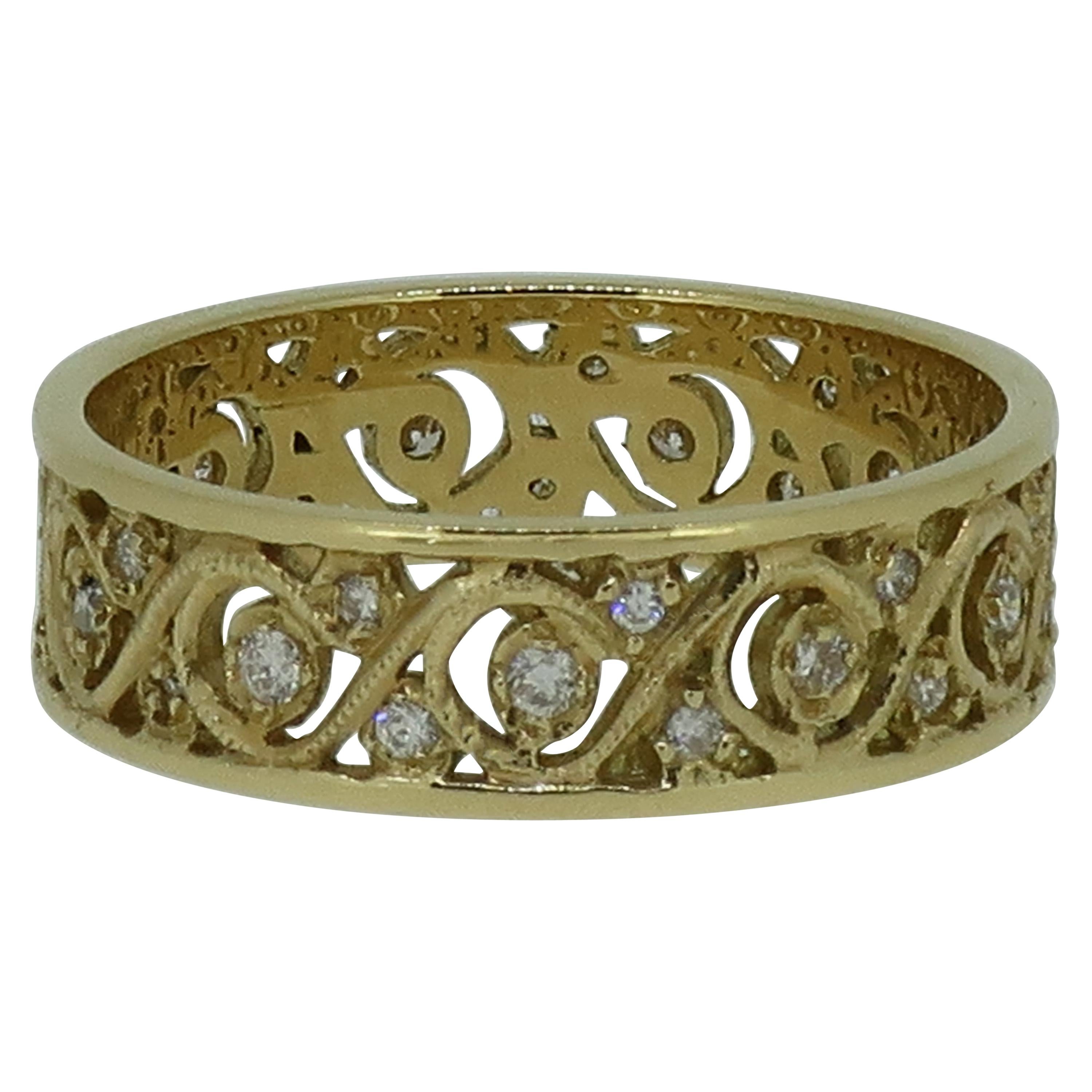 Diamond Filigree Eternity Band Ring 18 Karat Yellow Gold For Sale