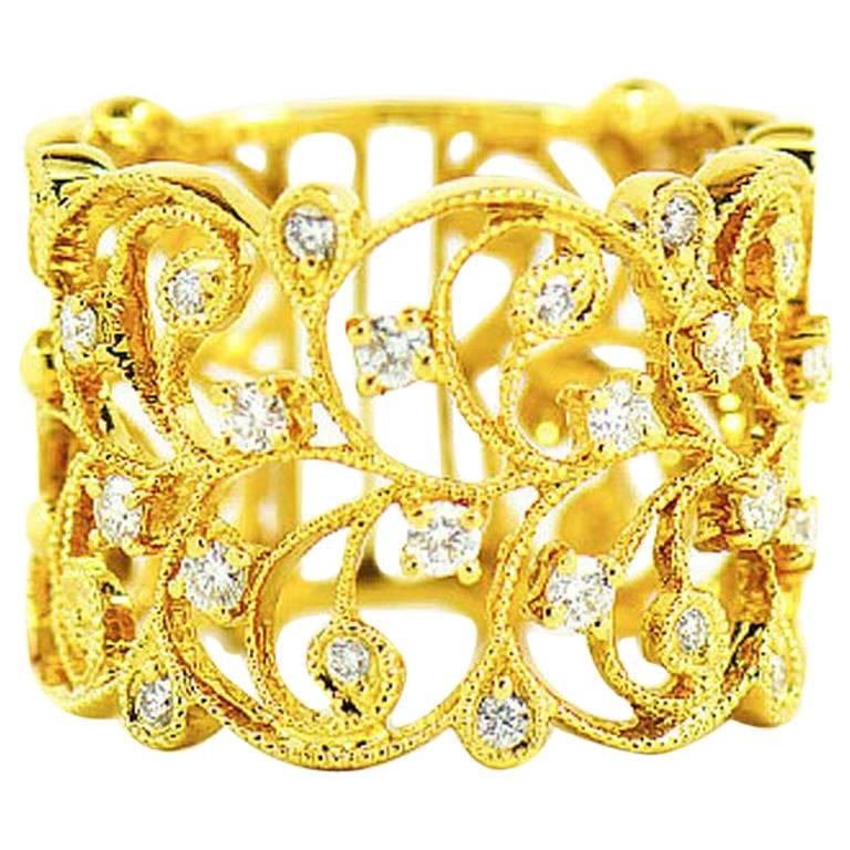 Diamond Filigree Floral Wide Band, 18 Karat Yellow Gold