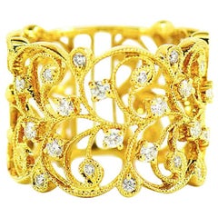 Diamond Filigree Floral Wide Band, 18 Karat Yellow Gold