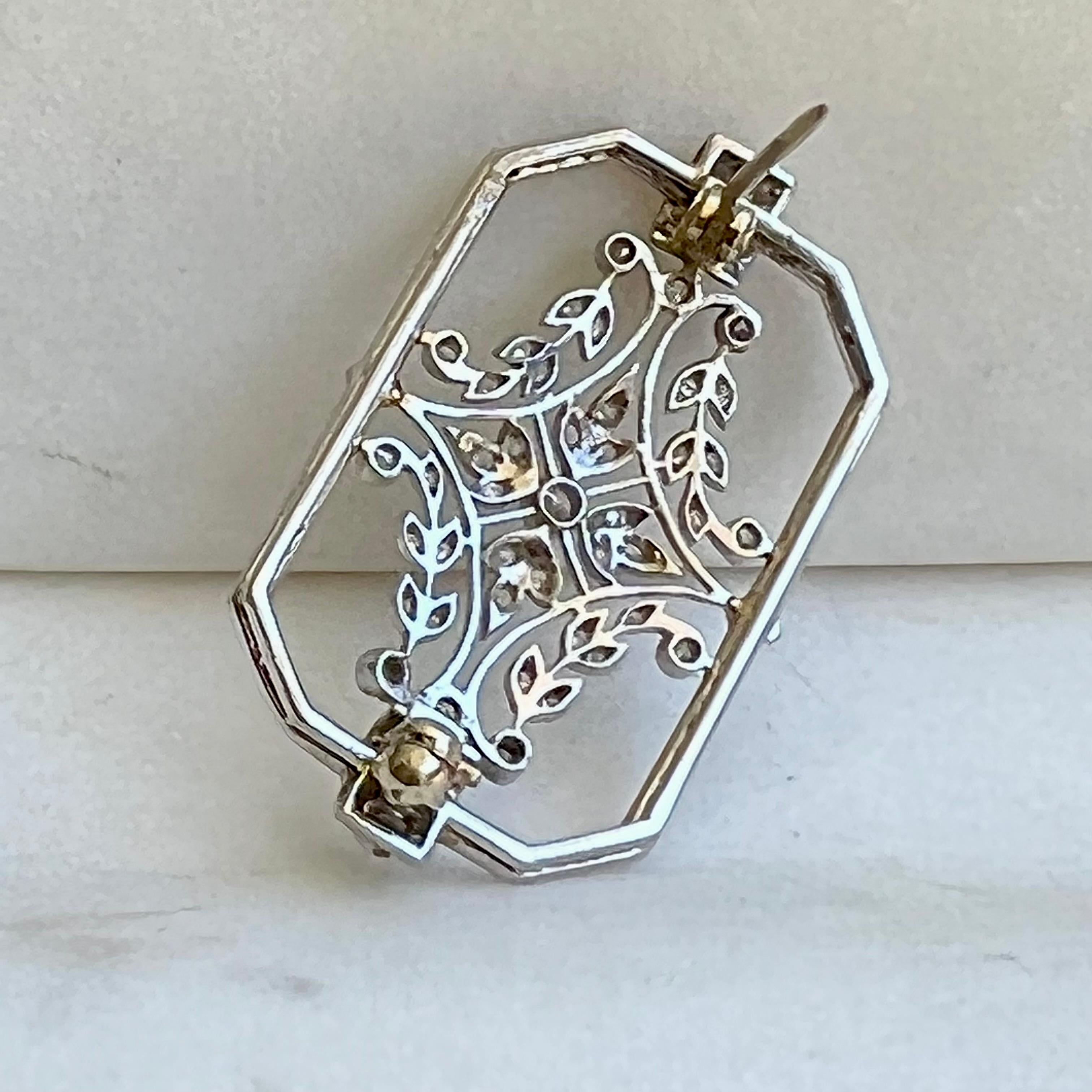 Art Deco Diamond Filigree Platinum Brooch For Sale