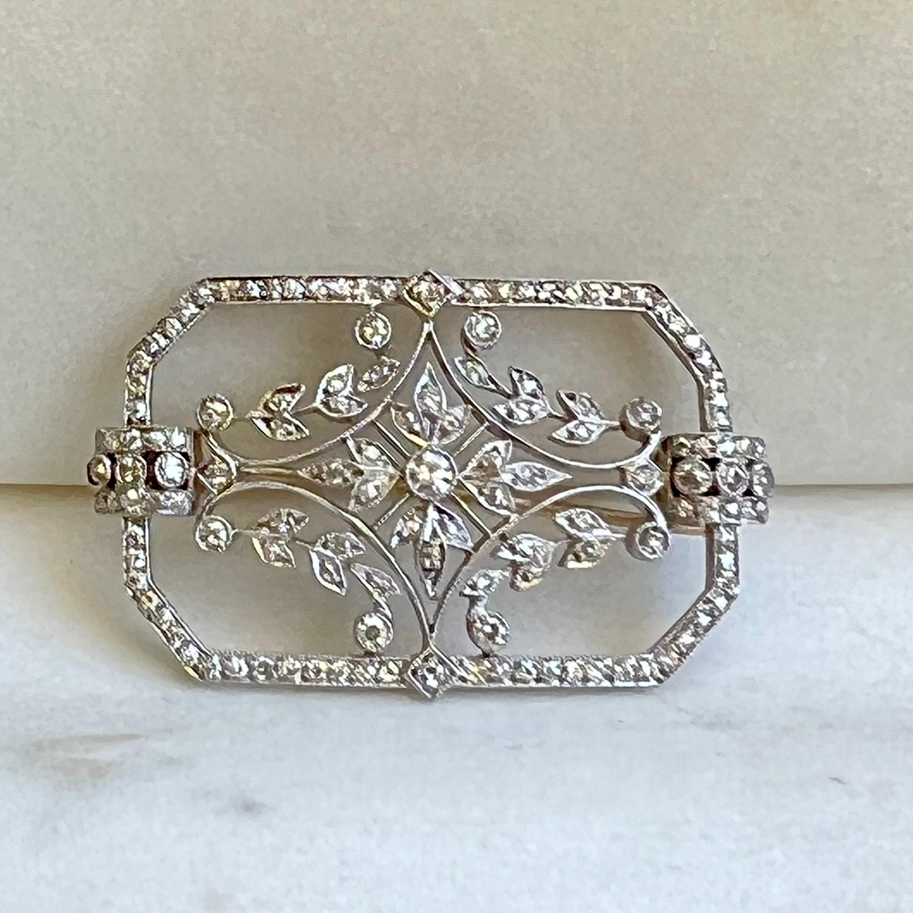 Round Cut Diamond Filigree Platinum Brooch For Sale