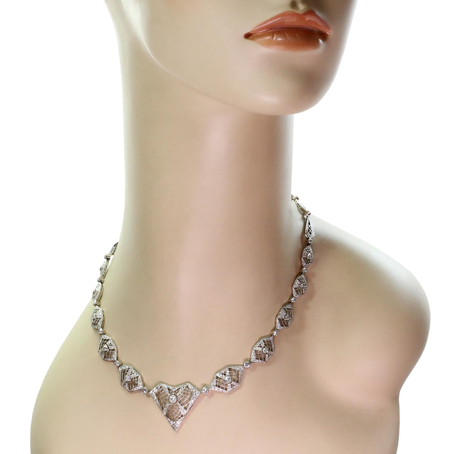 Round Cut Diamond Filigree Platinum and White Gold Necklace For Sale