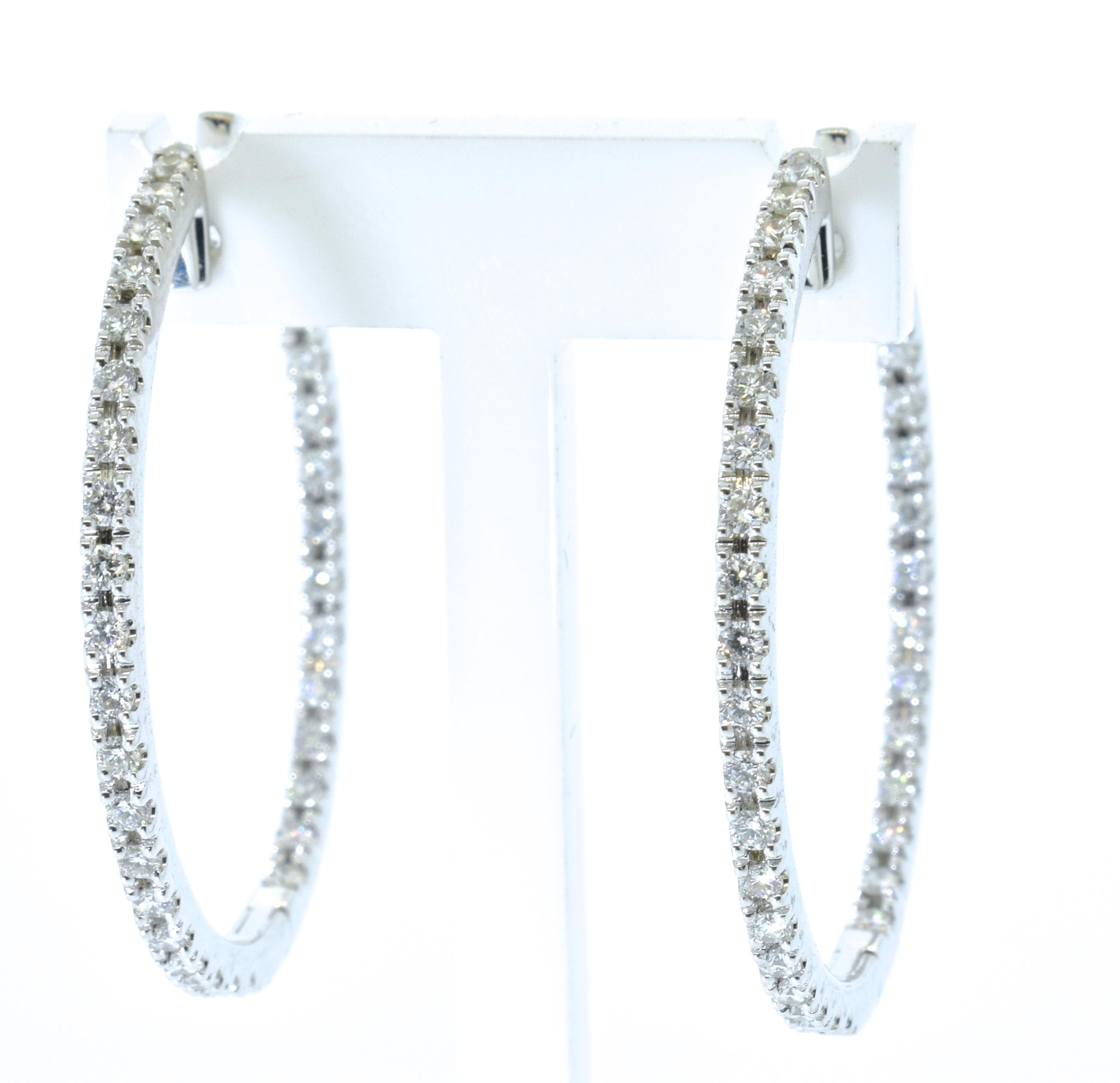 Brilliant Cut Diamond Fine Hoops Style 18K White Gold Earrings, Contemporary