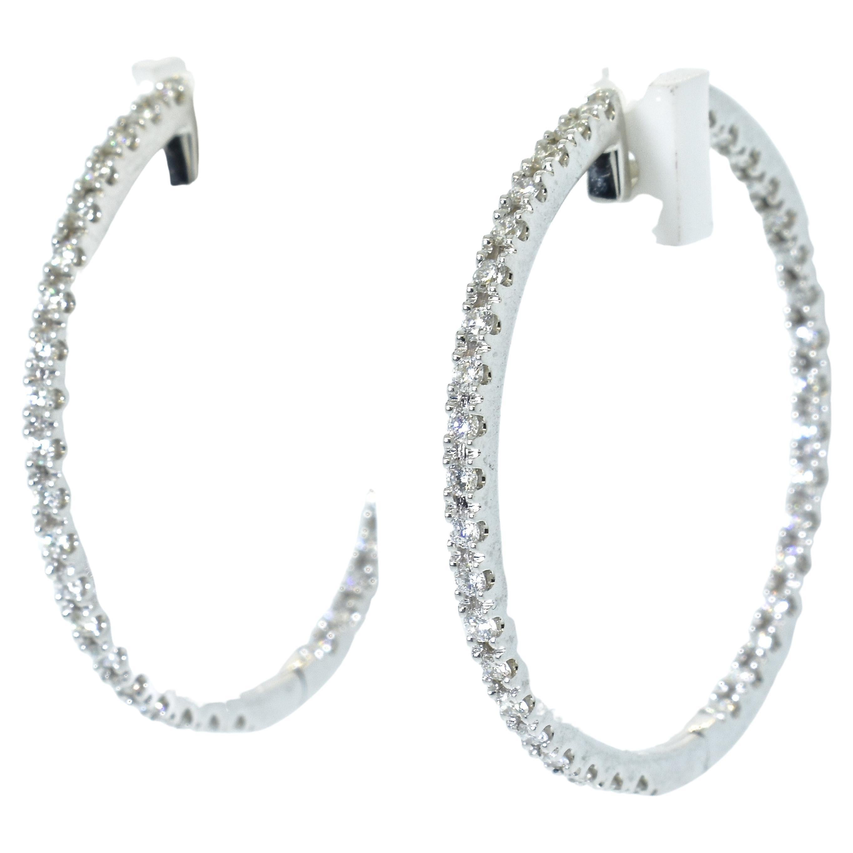 Diamond Fine Hoops Style 18K White Gold Earrings, Contemporary