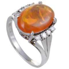 Diamond Fire Opal Cabochon Platinum Ring