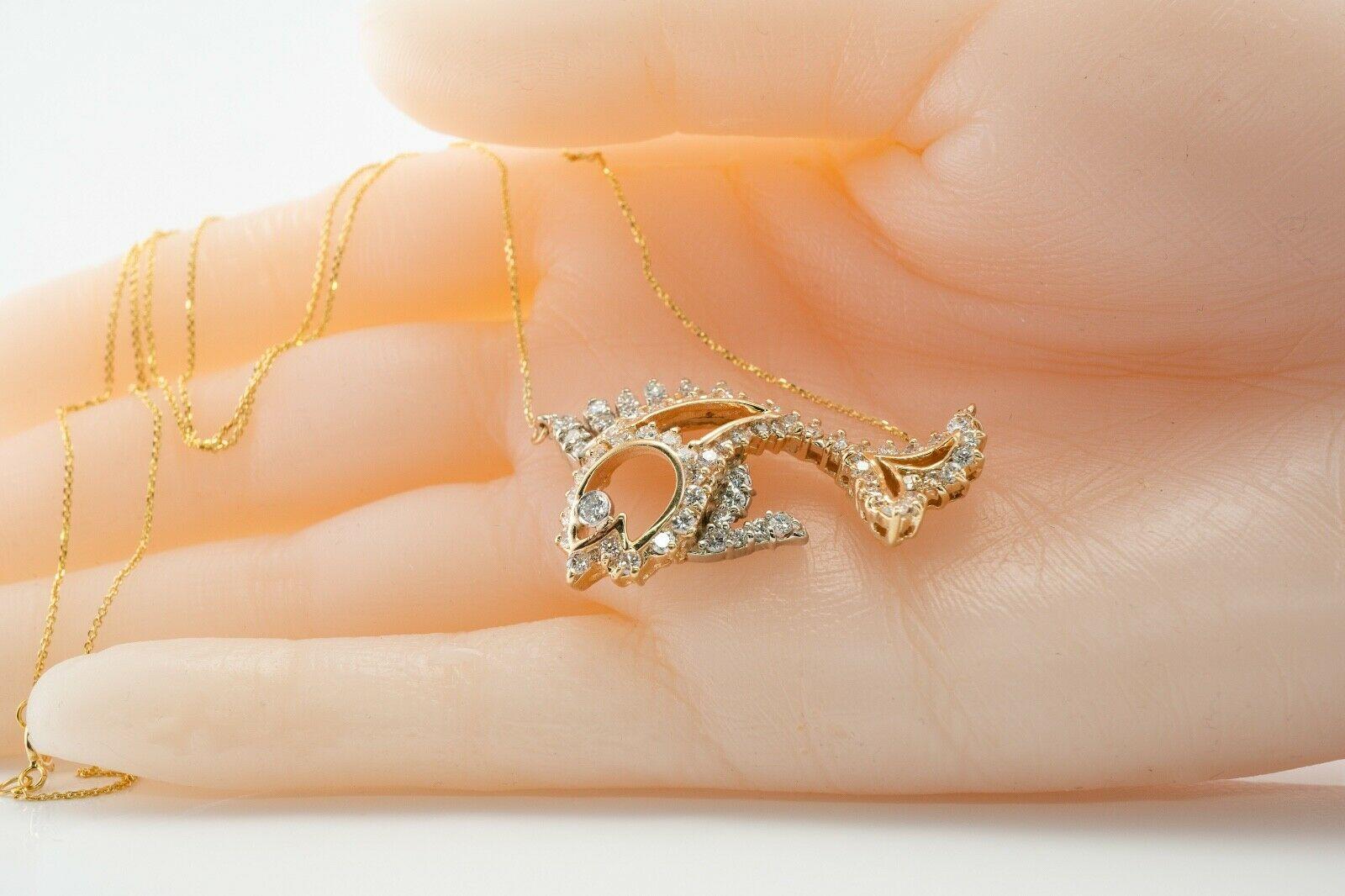 Round Cut Diamond Fish Necklace Pendant 14K Gold 2.44 TDW For Sale