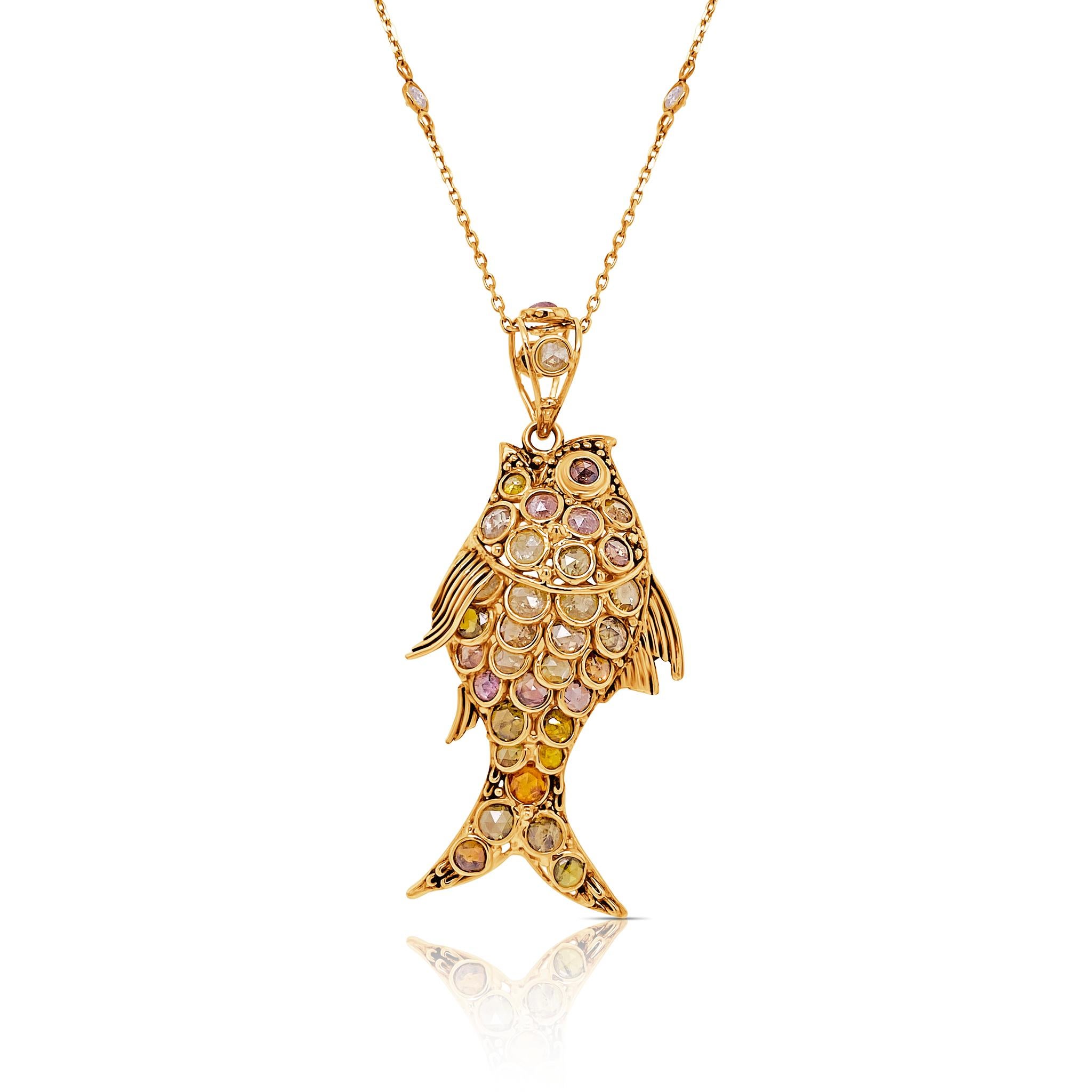 Tresor Diamond Fish Gold Pendant features 8.57 carats of diamond. The pendants are an ode to the luxurious yet classic beauty. Their contemporary and modern design makes them versatile in their use. The pendants are perfect to be worn daily, at