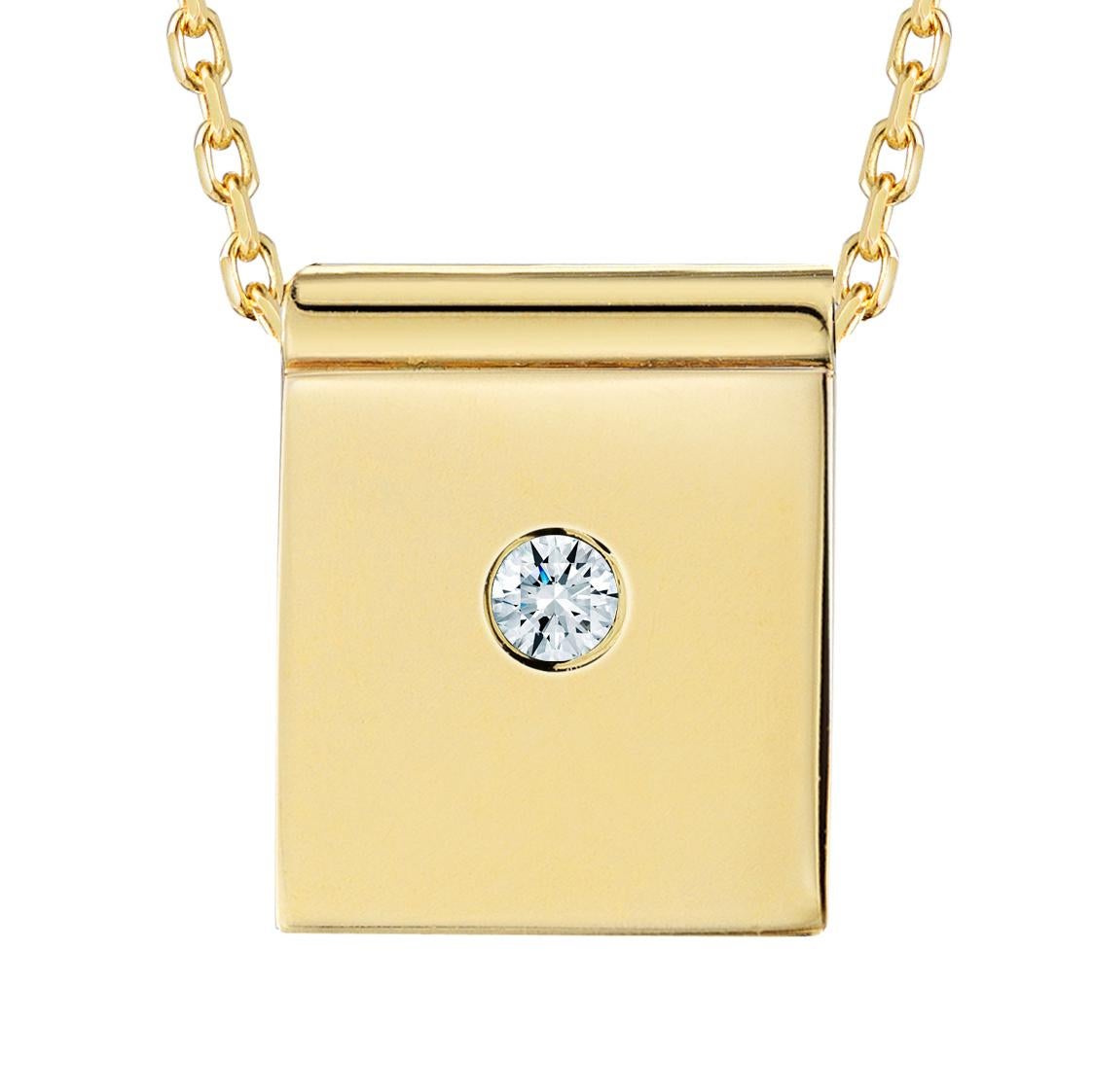 What makes this pendant special is the way the chain is threaded through tubing. The chain is diamond cut which adds reflection and sparkle.

18k yellow gold 
pendant measures 9mm x 9mm 
1.7mm diamond 
20