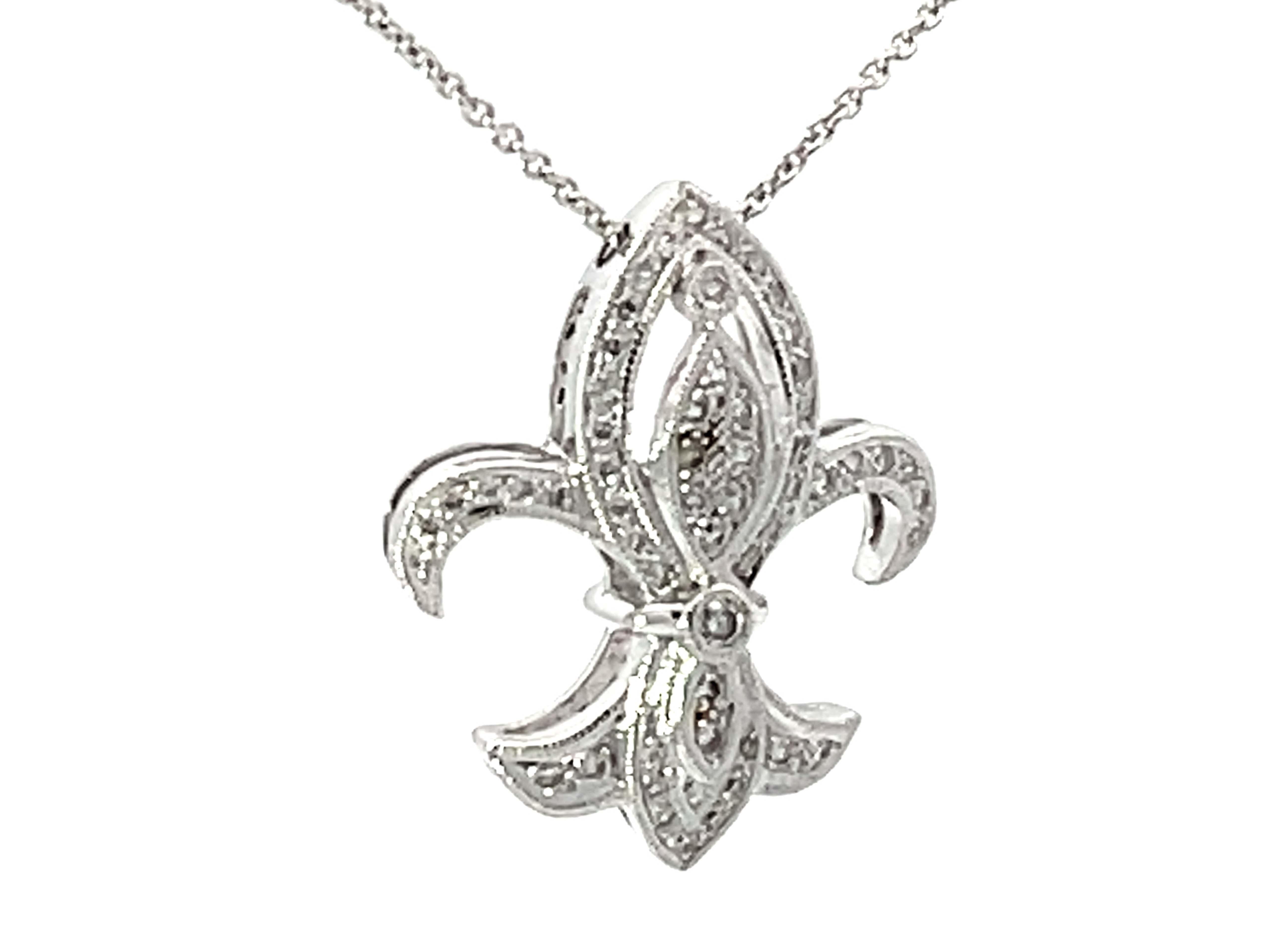 Modern Diamond Fleur De Lis Beverley K Necklace Solid White Gold For Sale