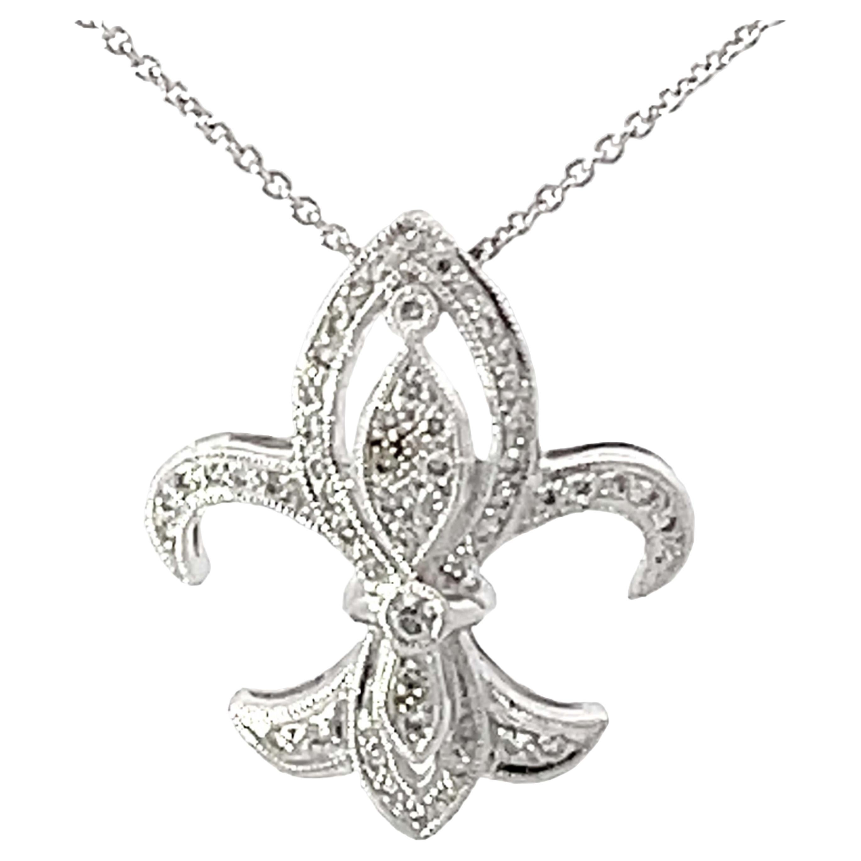 Diamond Fleur De Lis Beverley K Necklace Solid White Gold For Sale