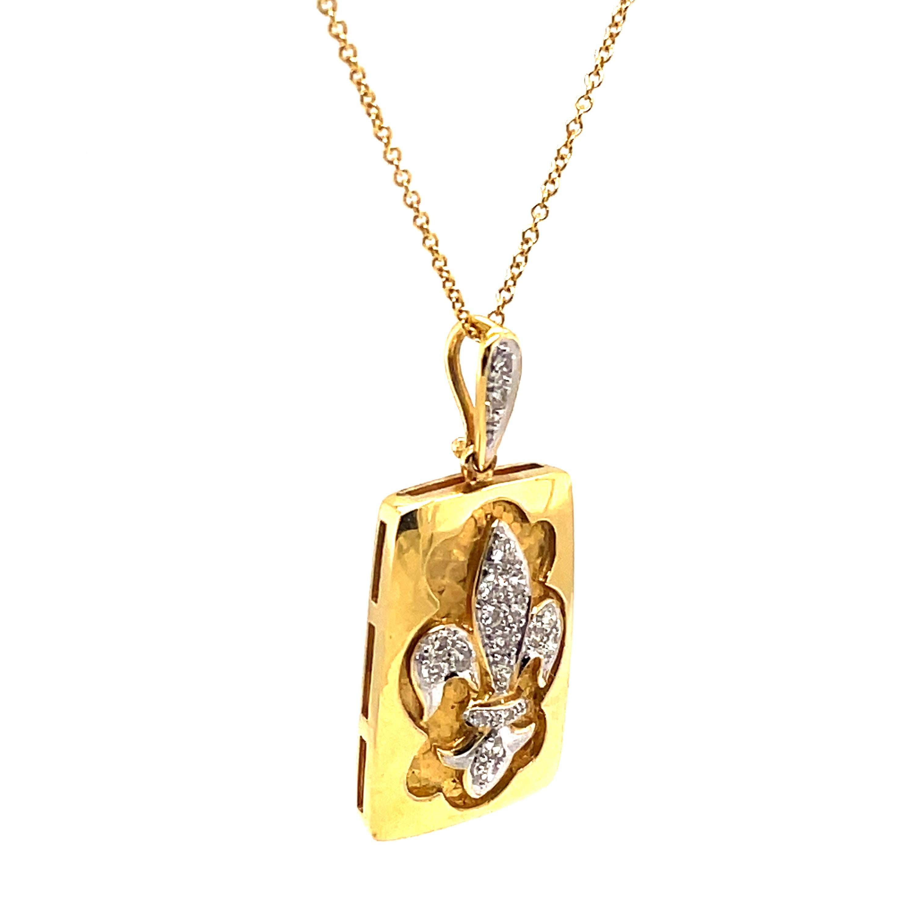 Contemporary Diamond Fleur De Lis Design Hammer Finished Pendant Necklace 18k Yellow Gold