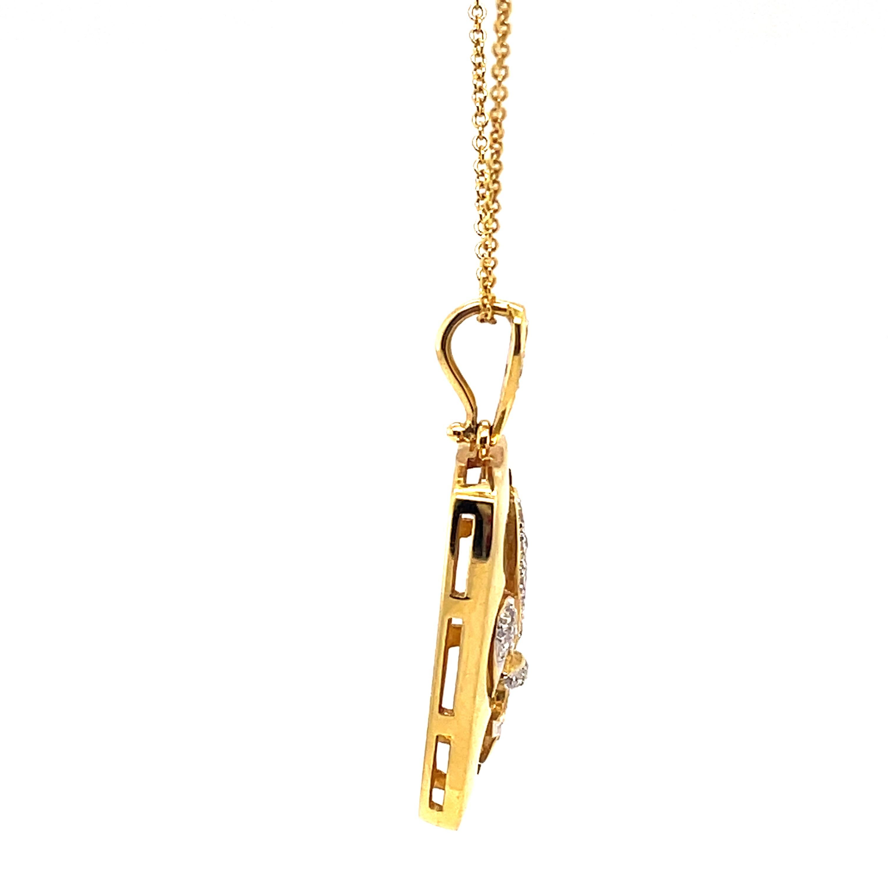 Round Cut Diamond Fleur De Lis Design Hammer Finished Pendant Necklace 18k Yellow Gold