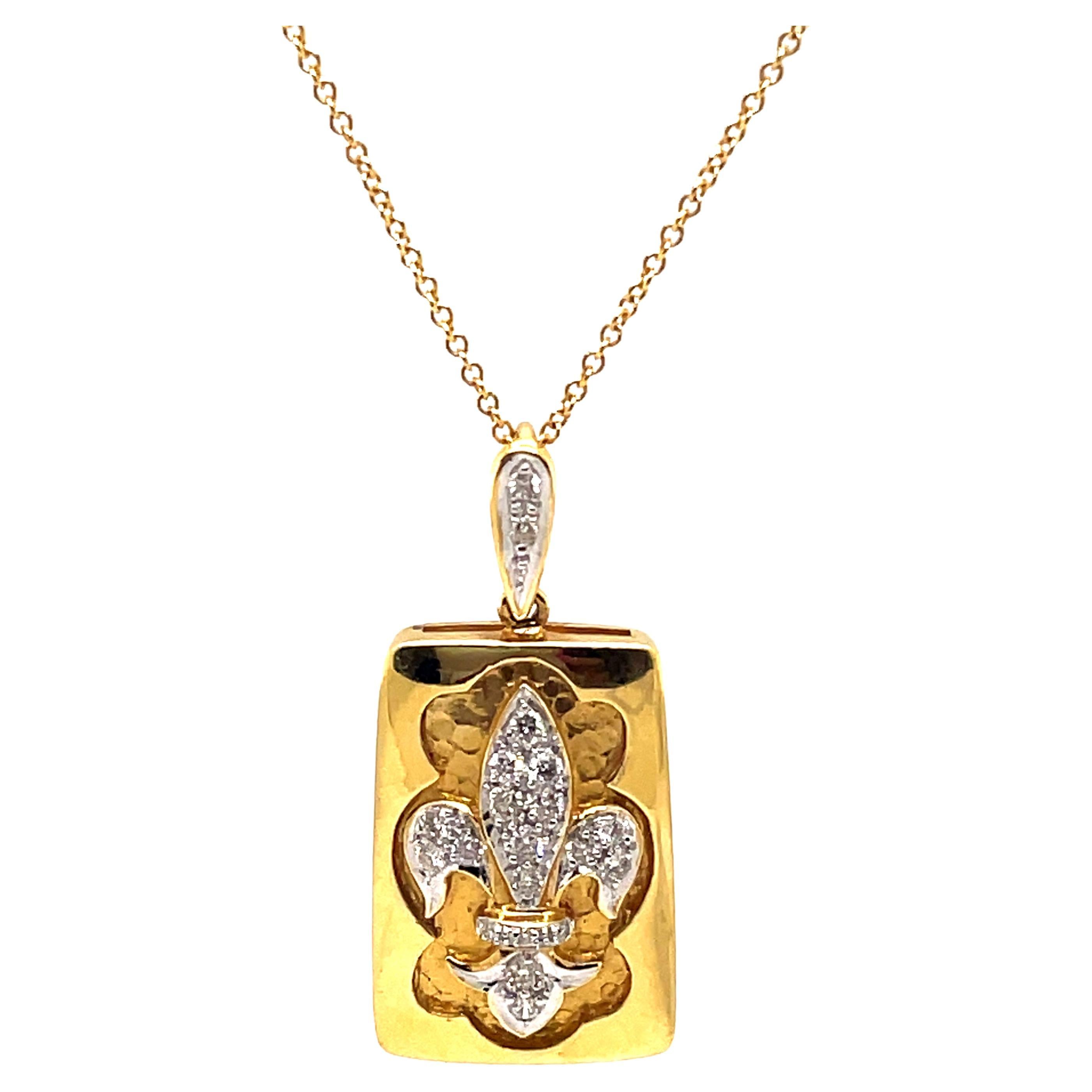 Diamond Fleur De Lis Design Hammer Finished Pendant Necklace 18k Yellow Gold