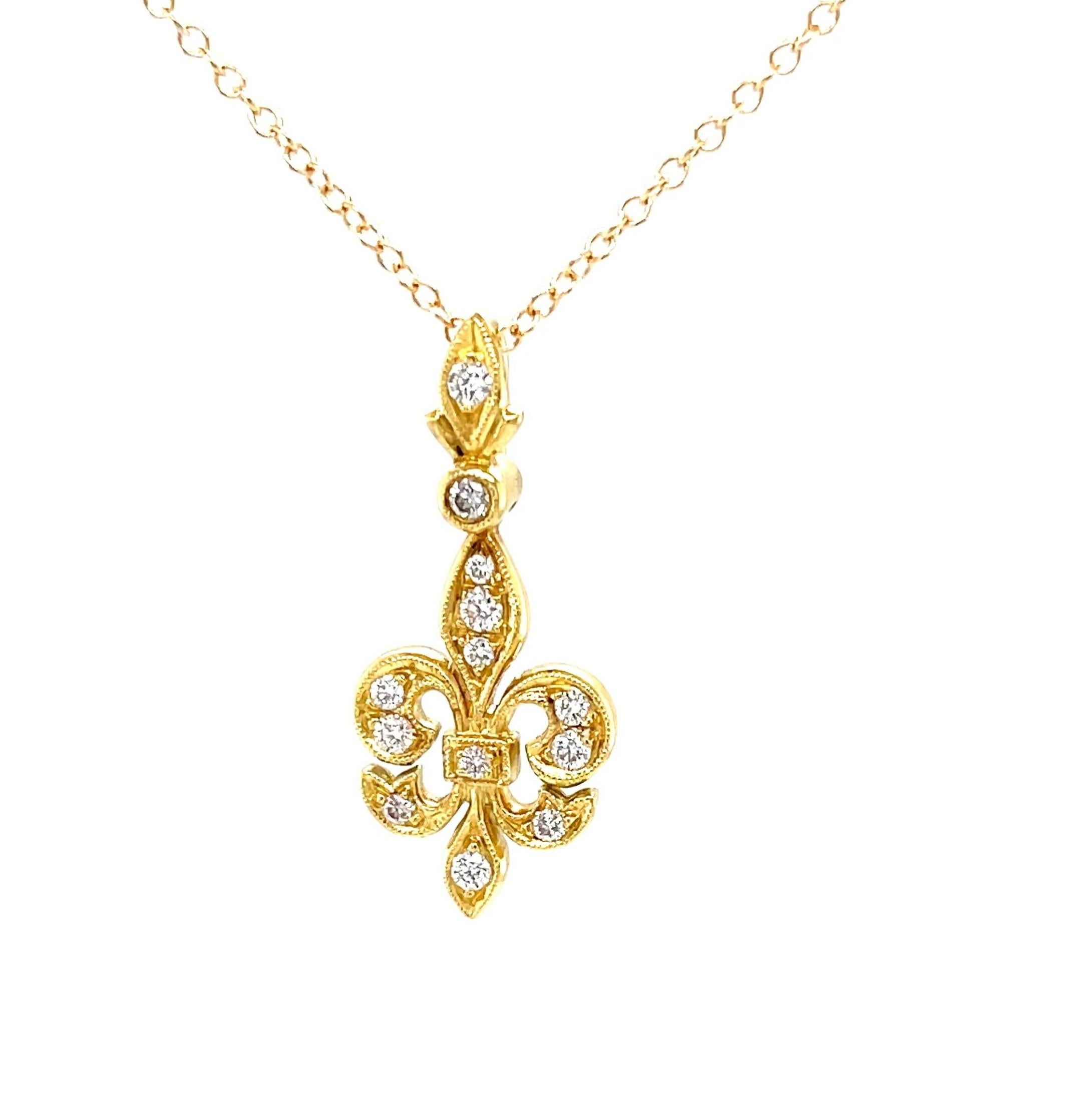Artisan Pendentif Fleur-de-Lis en or jaune 18 carats avec chaîne réglable en vente