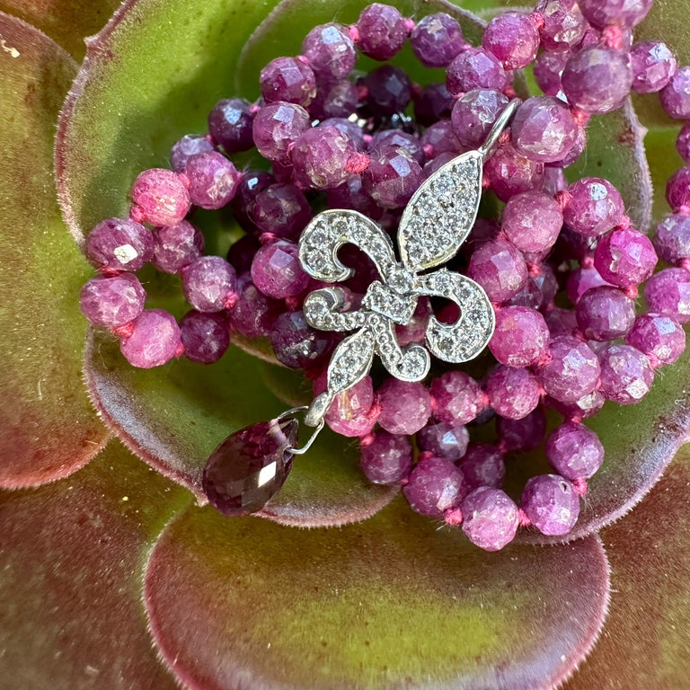 Diamond Fleur de Lis with Tourmaline Drop on 22" Necklace of Raspberry