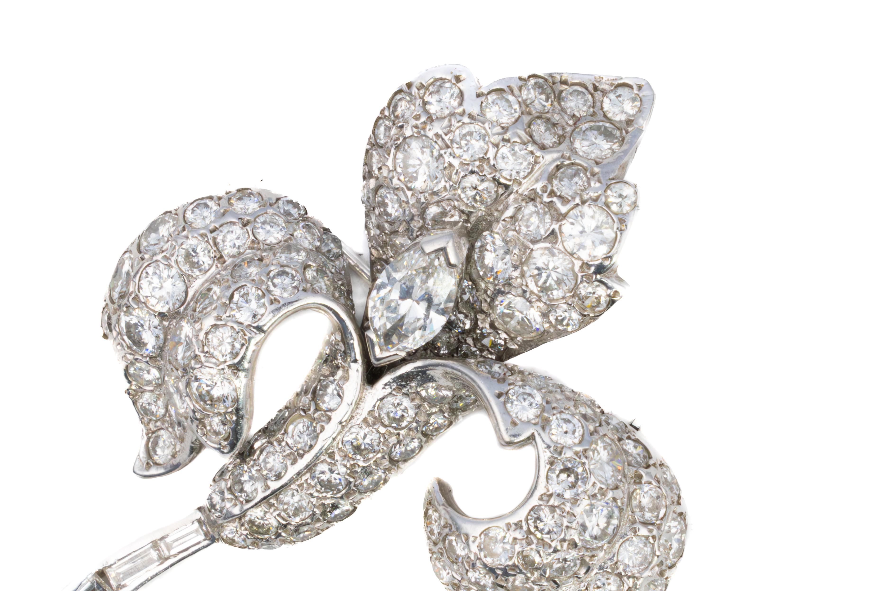 Round Cut Diamond Floral Brooch in Platinum For Sale