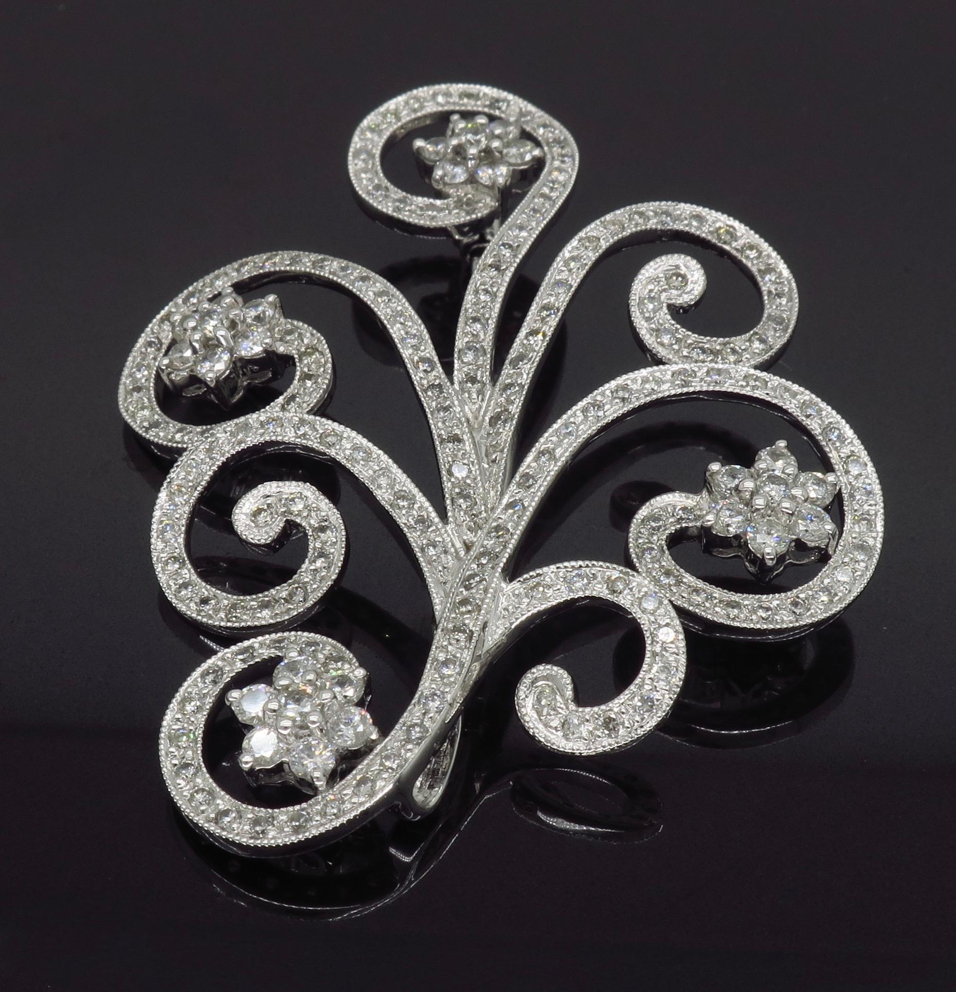 Women's or Men's Diamond Floral Brooch and Pendant