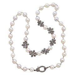 Diamond Floral Charm Necklace with Genuine Akoya Pearls and Natural Pyrite