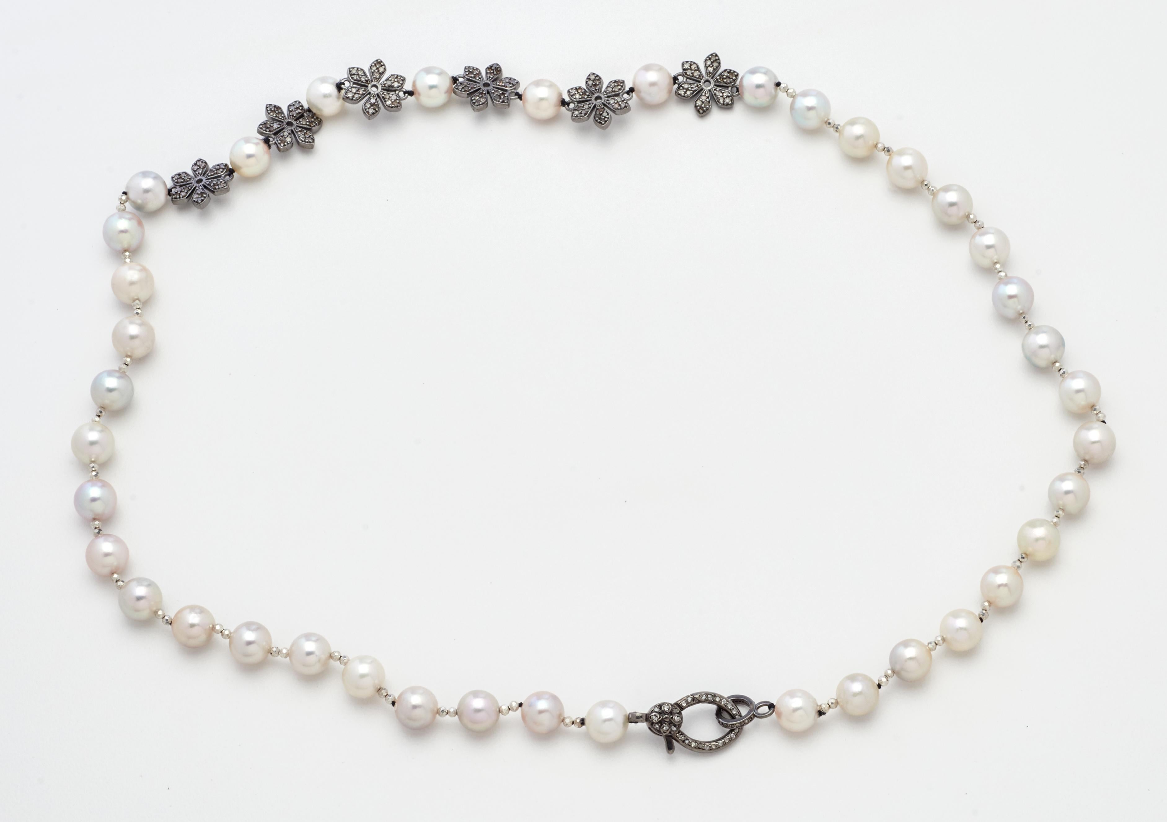 Artisan Diamond Floral Charm Necklace with Genuine Akoya Pearls and Natural Pyrite