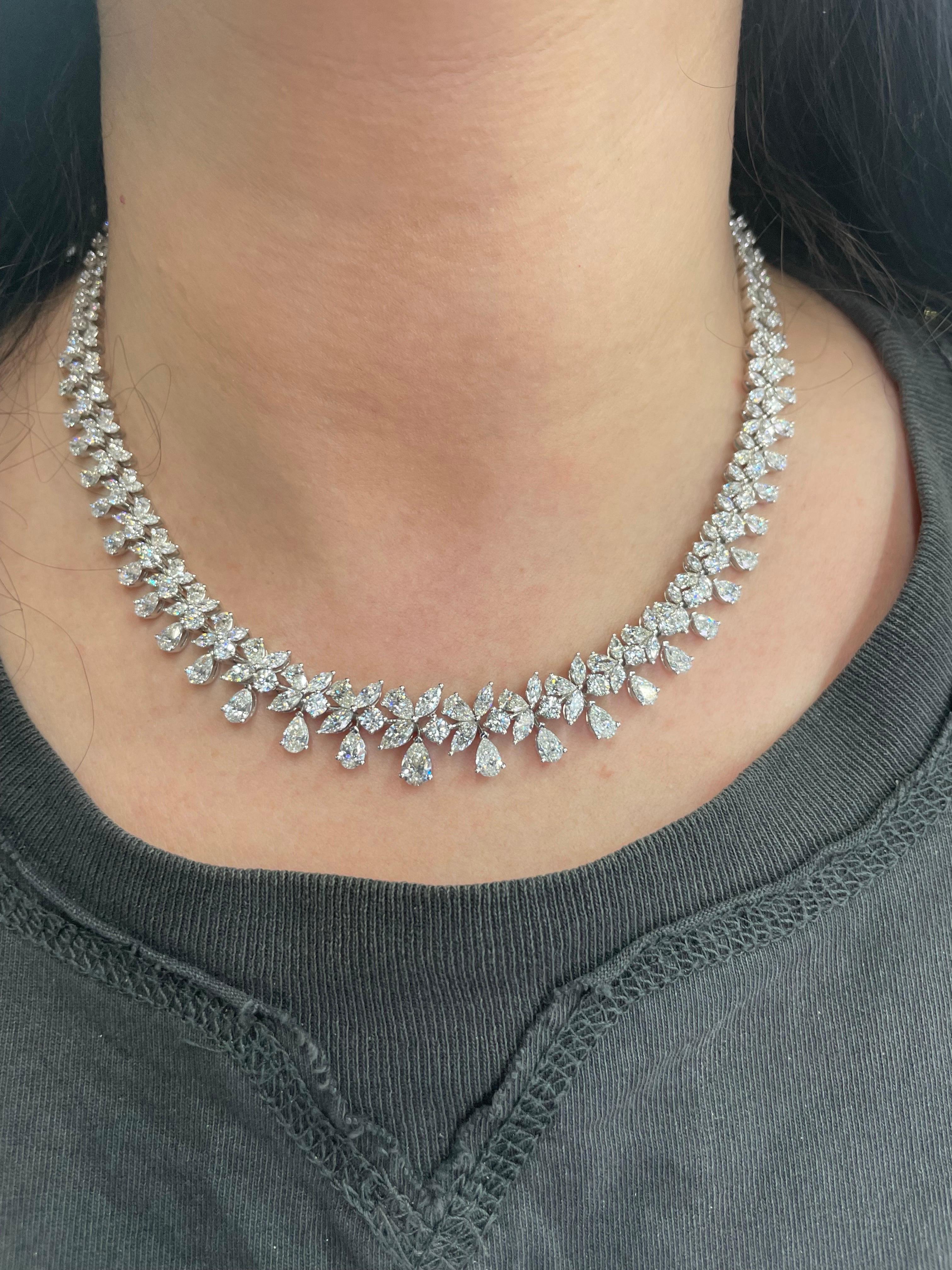 Diamond Floral Cluster Drop Necklace 26.19 Carats 18 Karat White Gold F-G VS2 For Sale
