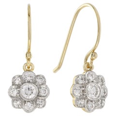 Diamond Floral Cluster Edwardian Style Drop 14K Yellow Gold Dangle Earrings
