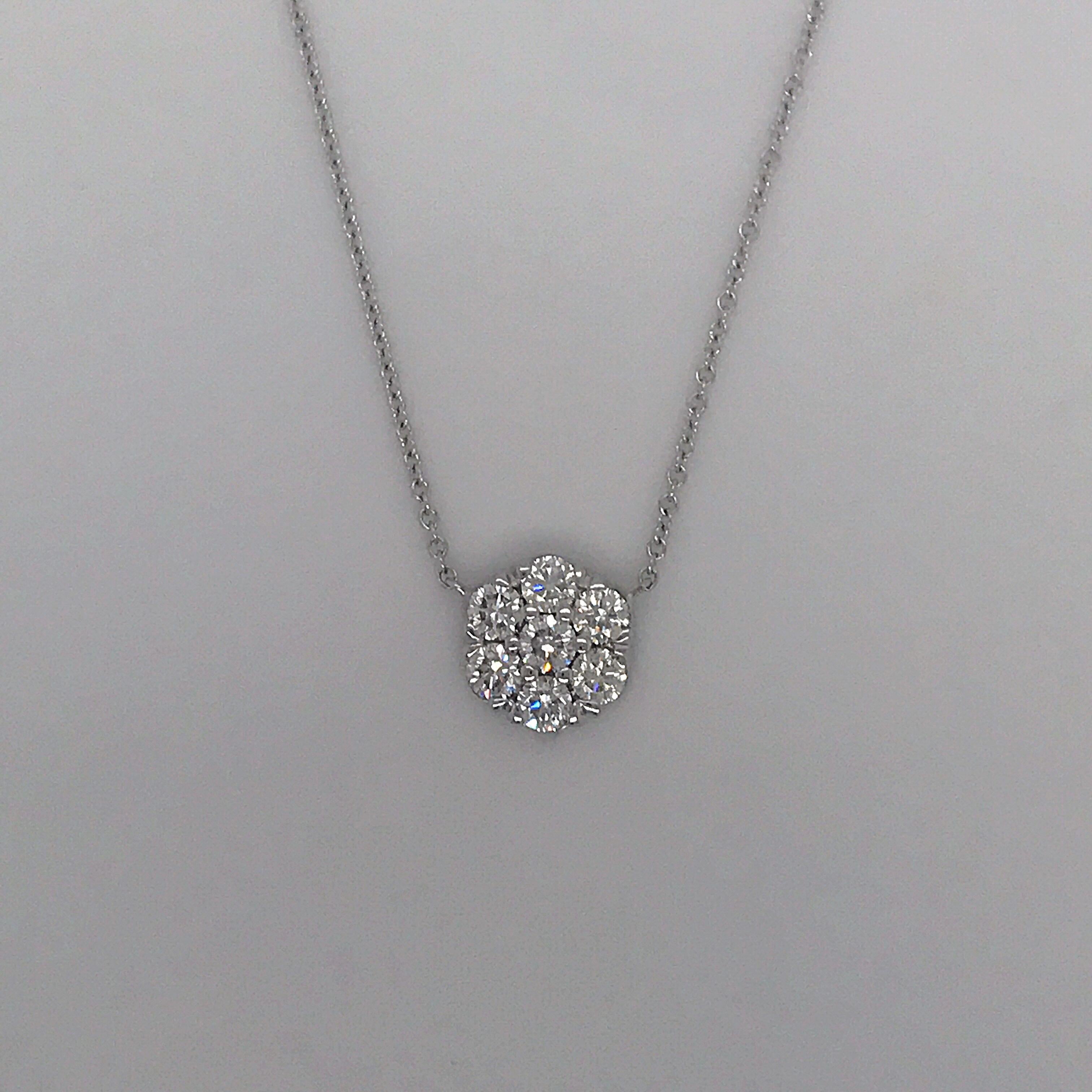 18K White gold pendant featuring 7 round brilliants weighing 1.04 carats in a floral cluster motif.
Color: H-I
Clarity: SI1-SI2

Available in any size, gemstone, and gold color. 
