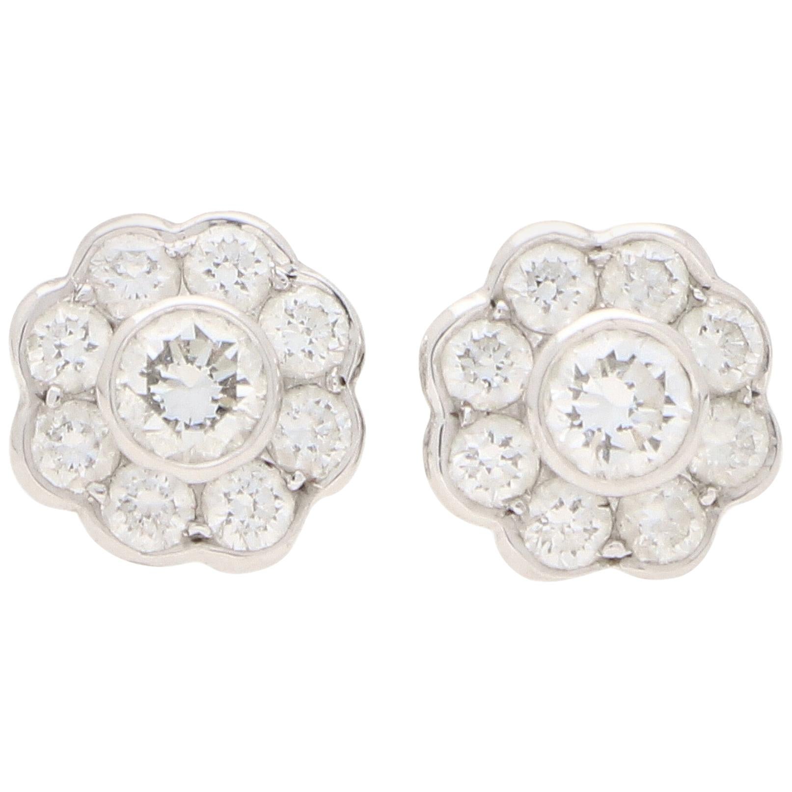 Diamond Floral Cluster Stud Earrings Set in 18 Karat White Gold