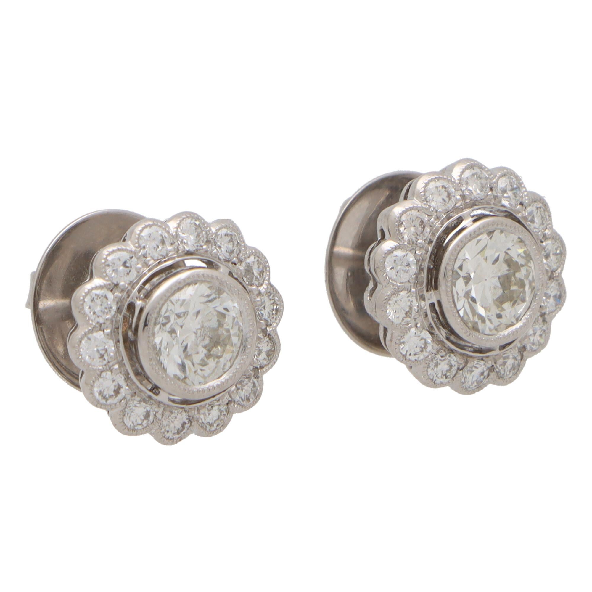 Round Cut Diamond Floral Cluster Stud Earrings Set in Platinum For Sale