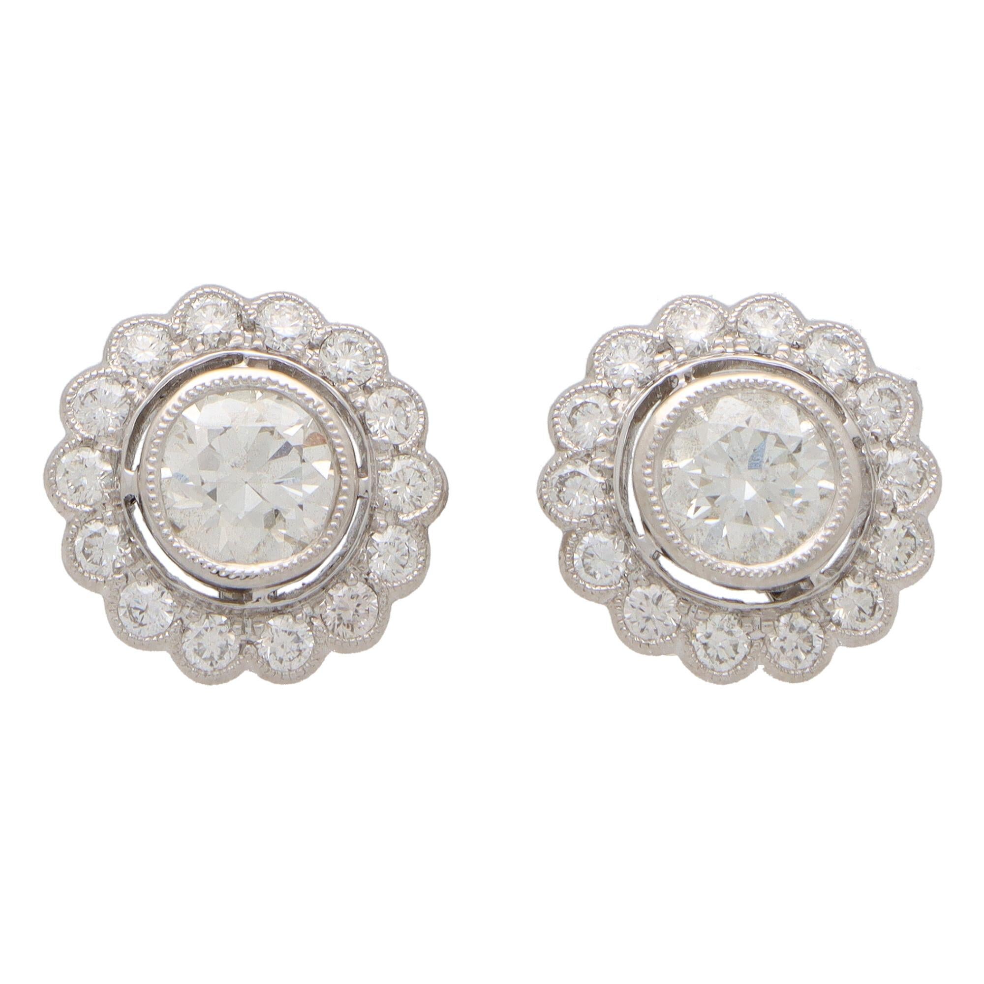 Women's or Men's Diamond Floral Cluster Stud Earrings Set in Platinum For Sale