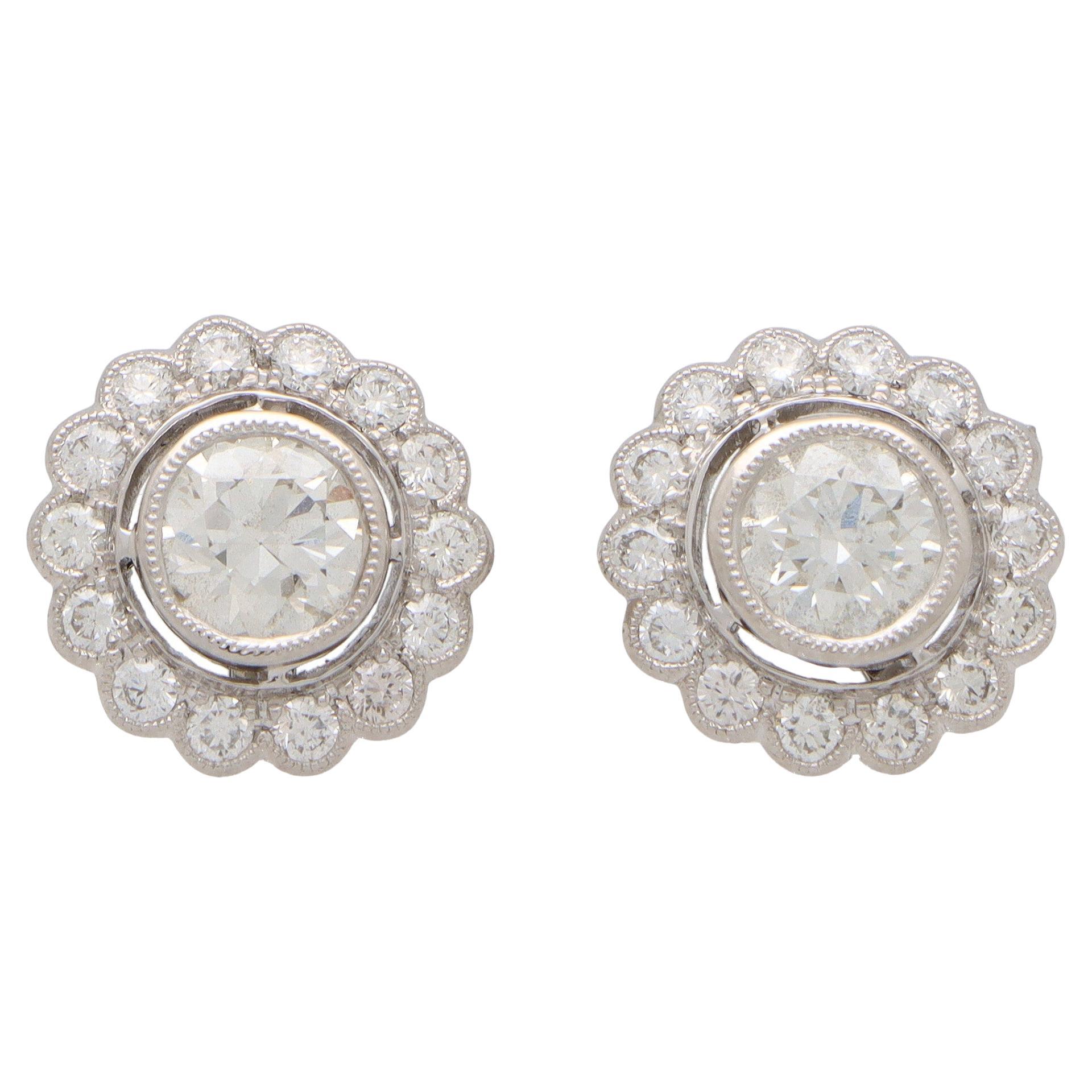 Diamond Floral Cluster Stud Earrings Set in Platinum