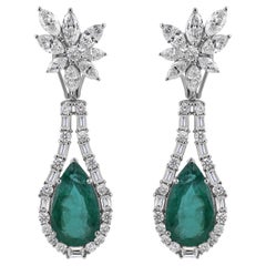 Diamond Floral Cluster Stud Pear Cut Emerald Drop Earrings 14k White Gold
