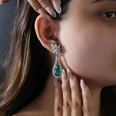 Diamond Floral Cluster Stud Pear Cut Emerald Drop Earrings 18k White Gold