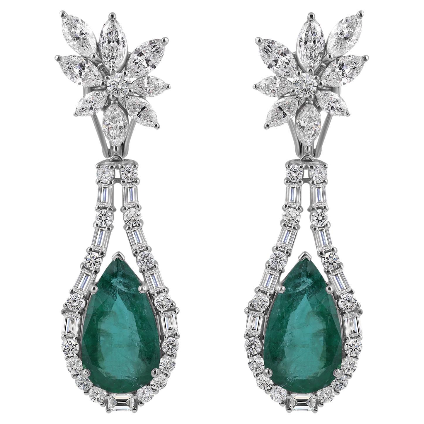 Diamond Floral Cluster Stud Pear Cut Emerald Drop Earrings 18k White Gold