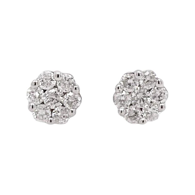 Diamond Floral Cluster Studs, 14K White Gold, 4.5-5mm, 1/4 Carat Total  For Sale