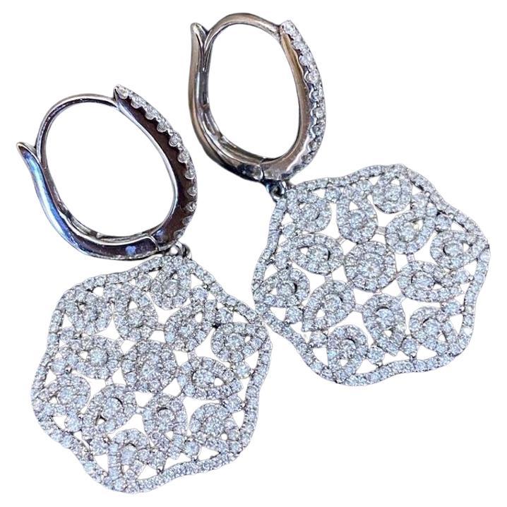Diamond Floral Dangle/Drop Earrings 2.45 carat total weight in 18k White Gold For Sale