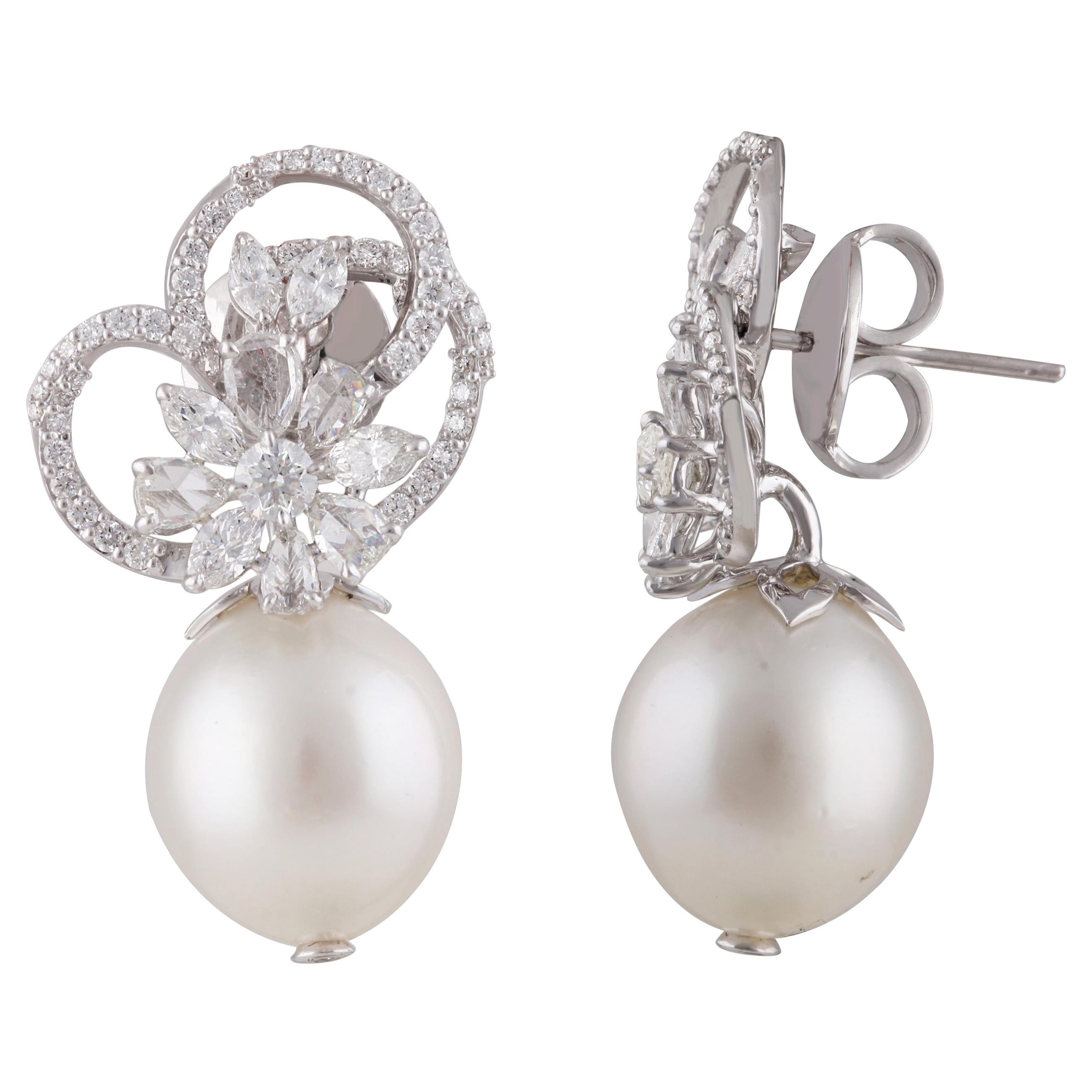 Studio Rêves Diamond Floral Dangling Earrings with Pearls in 18 Karat Gold For Sale