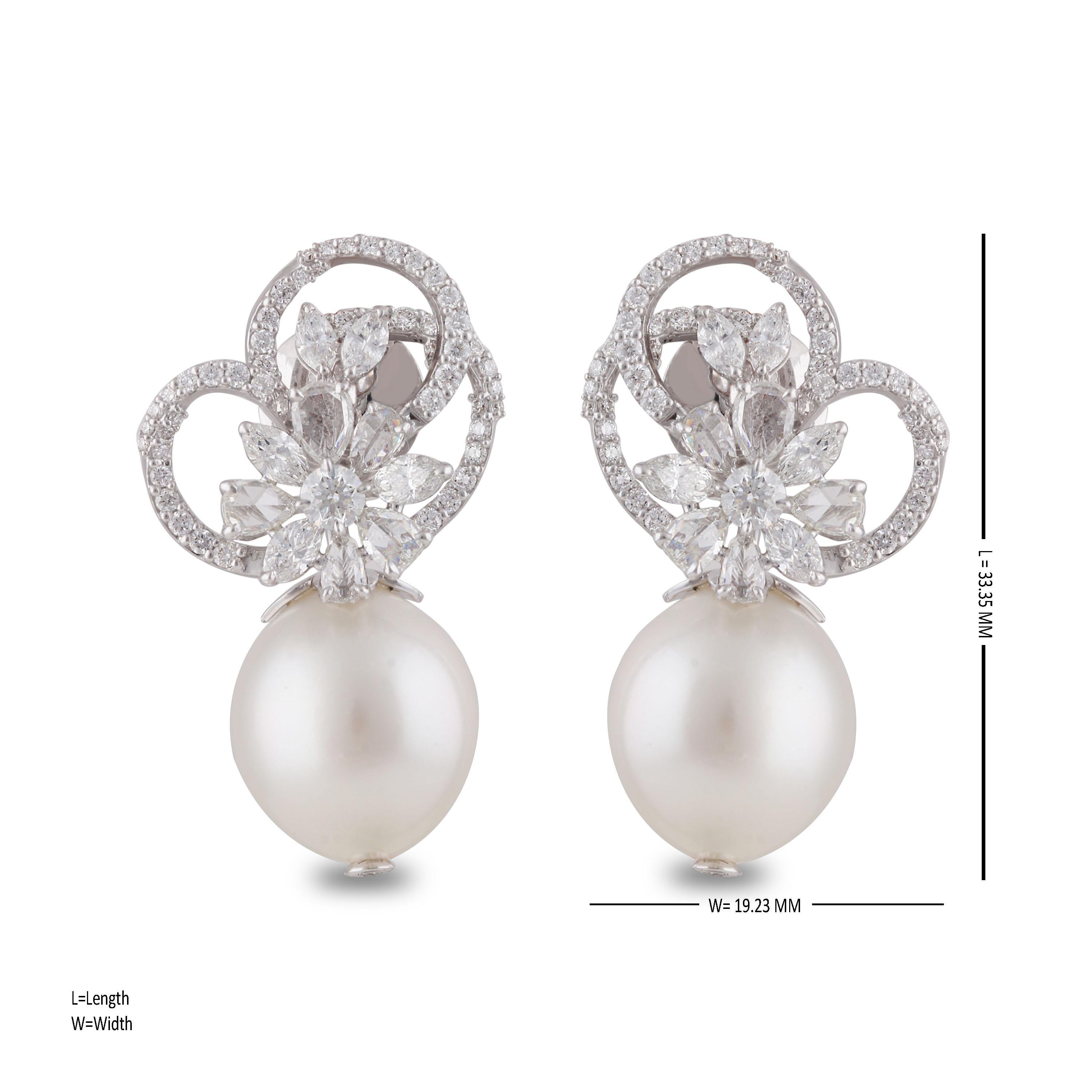 Contemporary Studio Rêves Diamond Floral Dangling Earrings with Pearls in 18 Karat Gold For Sale