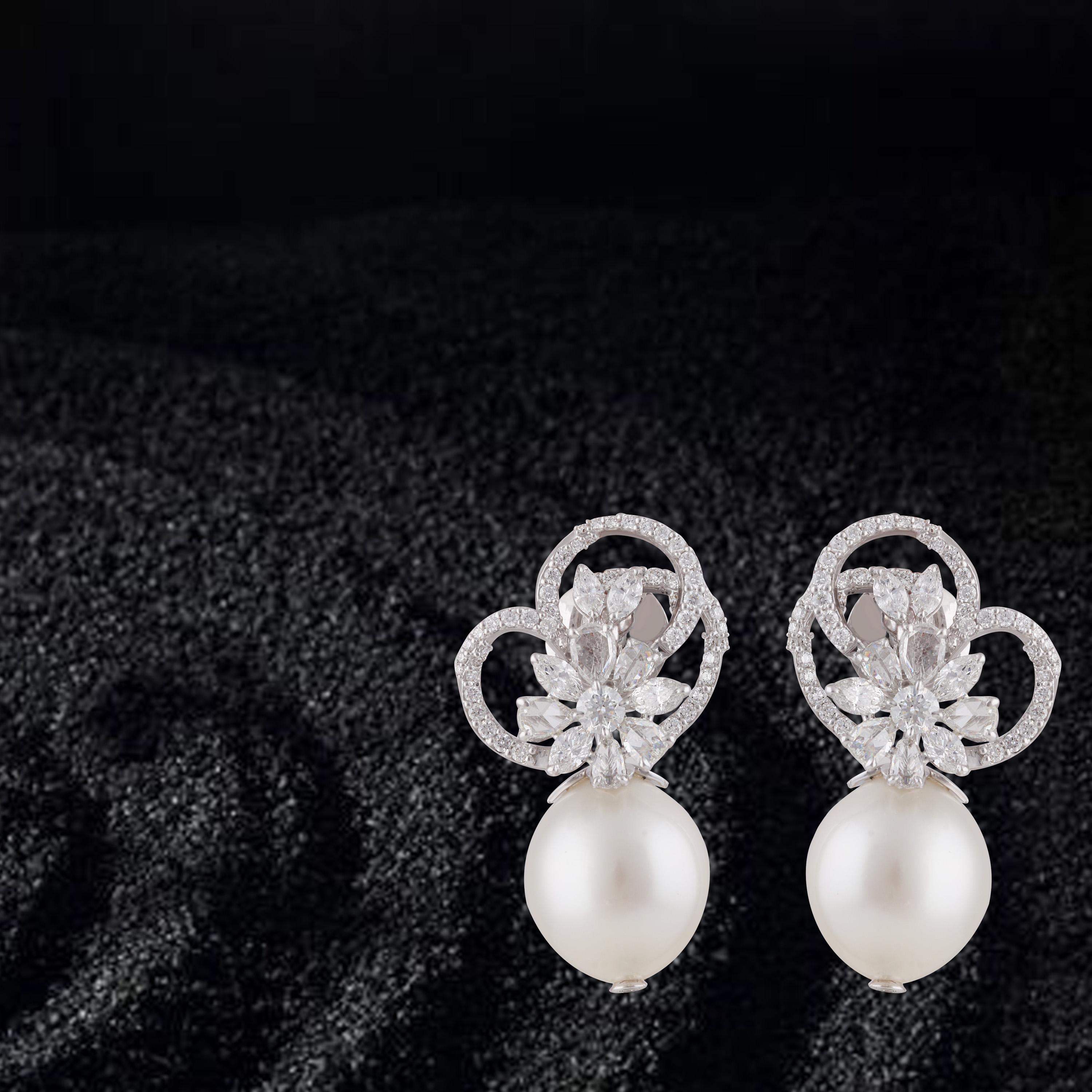 Studio Rêves Diamond Floral Dangling Earrings with Pearls in 18 Karat Gold For Sale 2