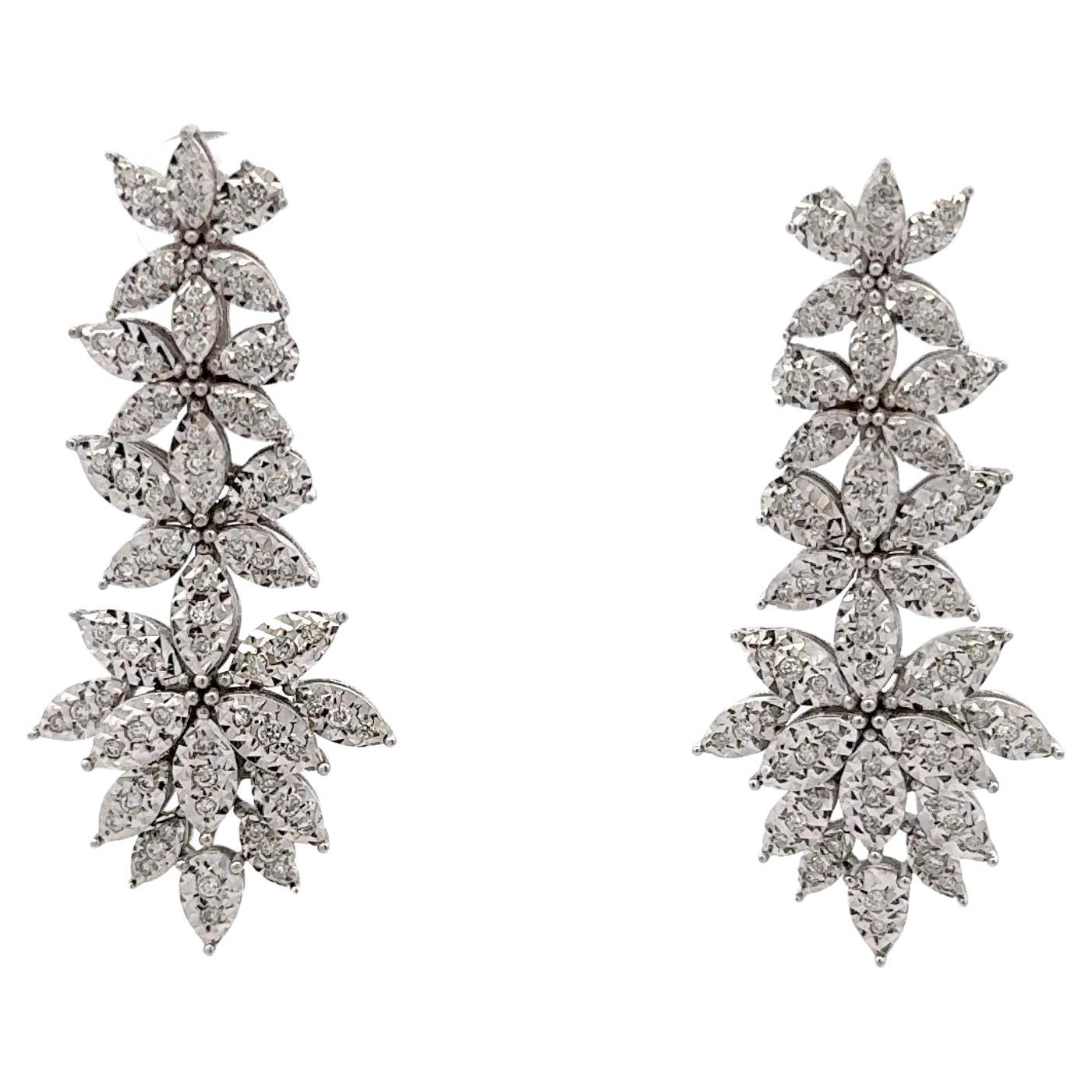 Diamond Floral Drop Cluster Earrings 0.86 Carats 14 Karat White Gold F-G VS1-2 For Sale