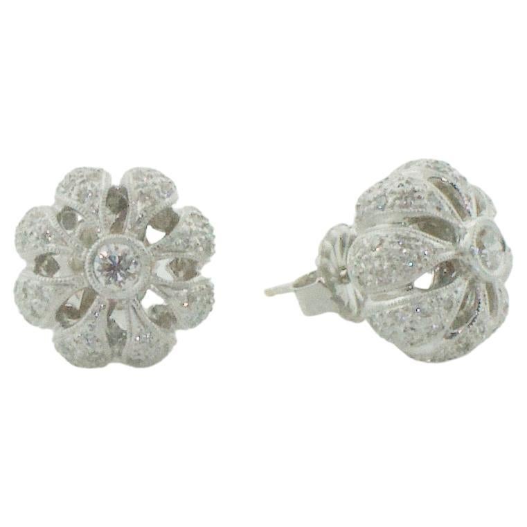 Diamond Floral Earrings in 18k White Gold 1.25 Carats Total For Sale