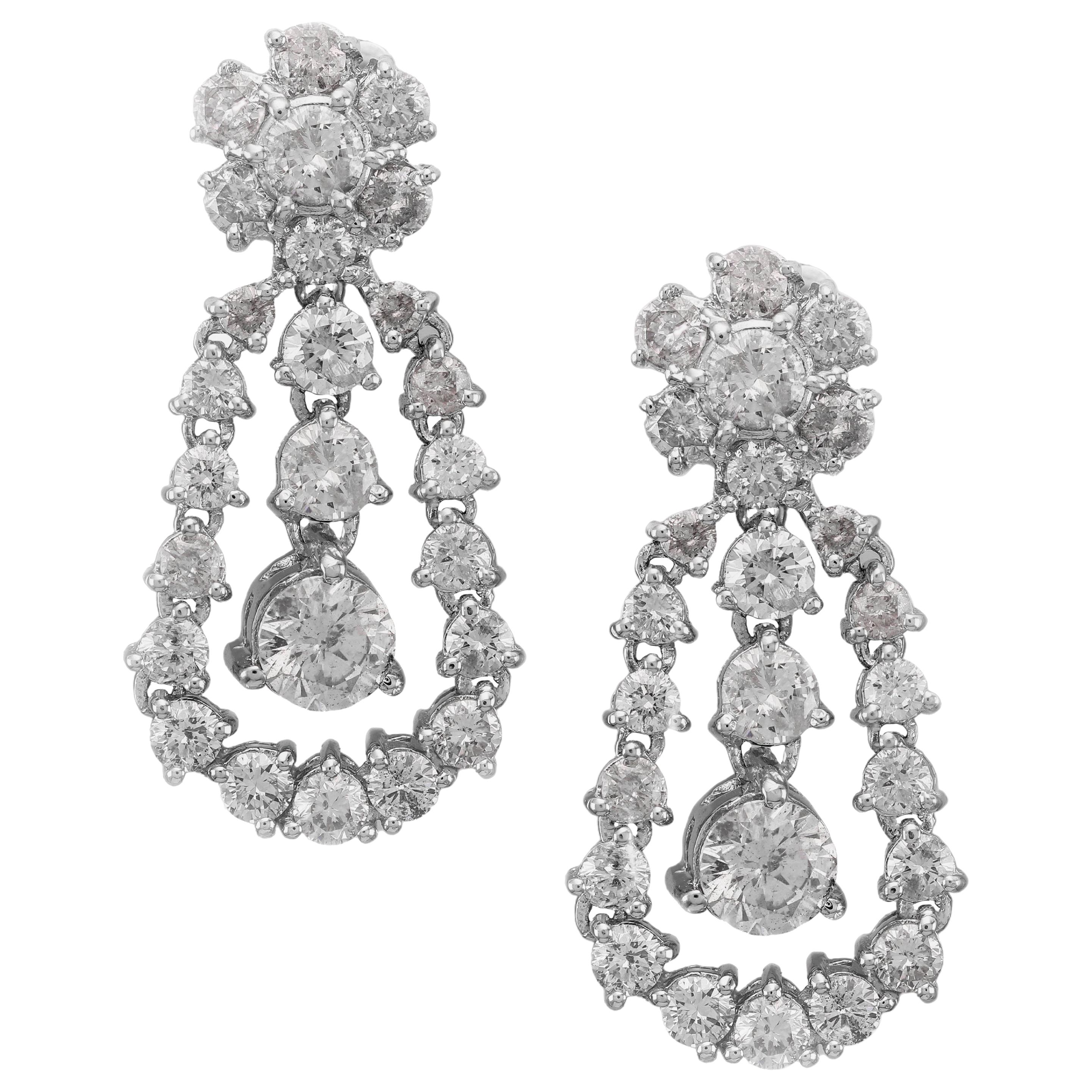 Diamond Floral Edwardian Style Cluster Drop Earrings 4.40 Carat Diamonds
