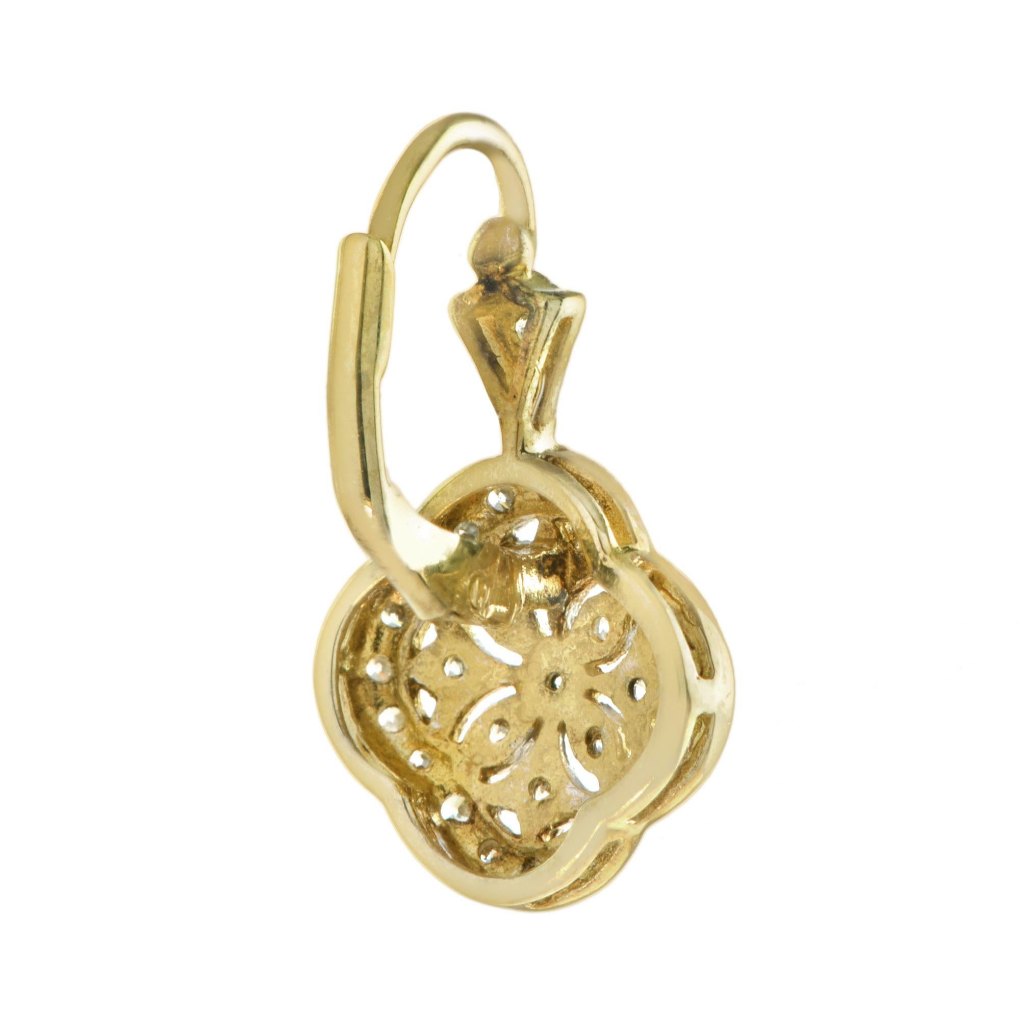 Art déco Boucles d'oreilles de style édouardien en or bicolore 14K avec fleurs en diamant en vente