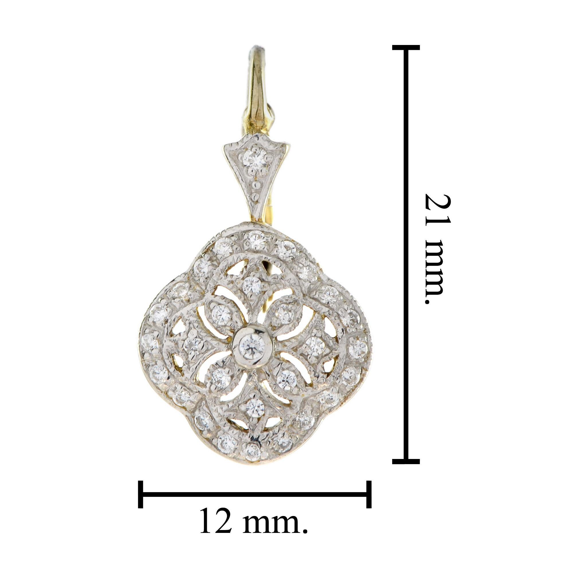 Round Cut Diamond Floral Edwardian Style Earrings in 14K Two Tone Gold For Sale