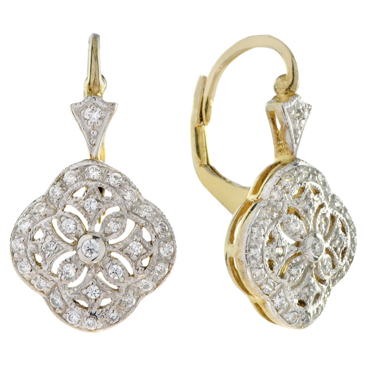 Boucles d
oreilles de style édouardien en or bicolore 14K avec fleurs en diamant