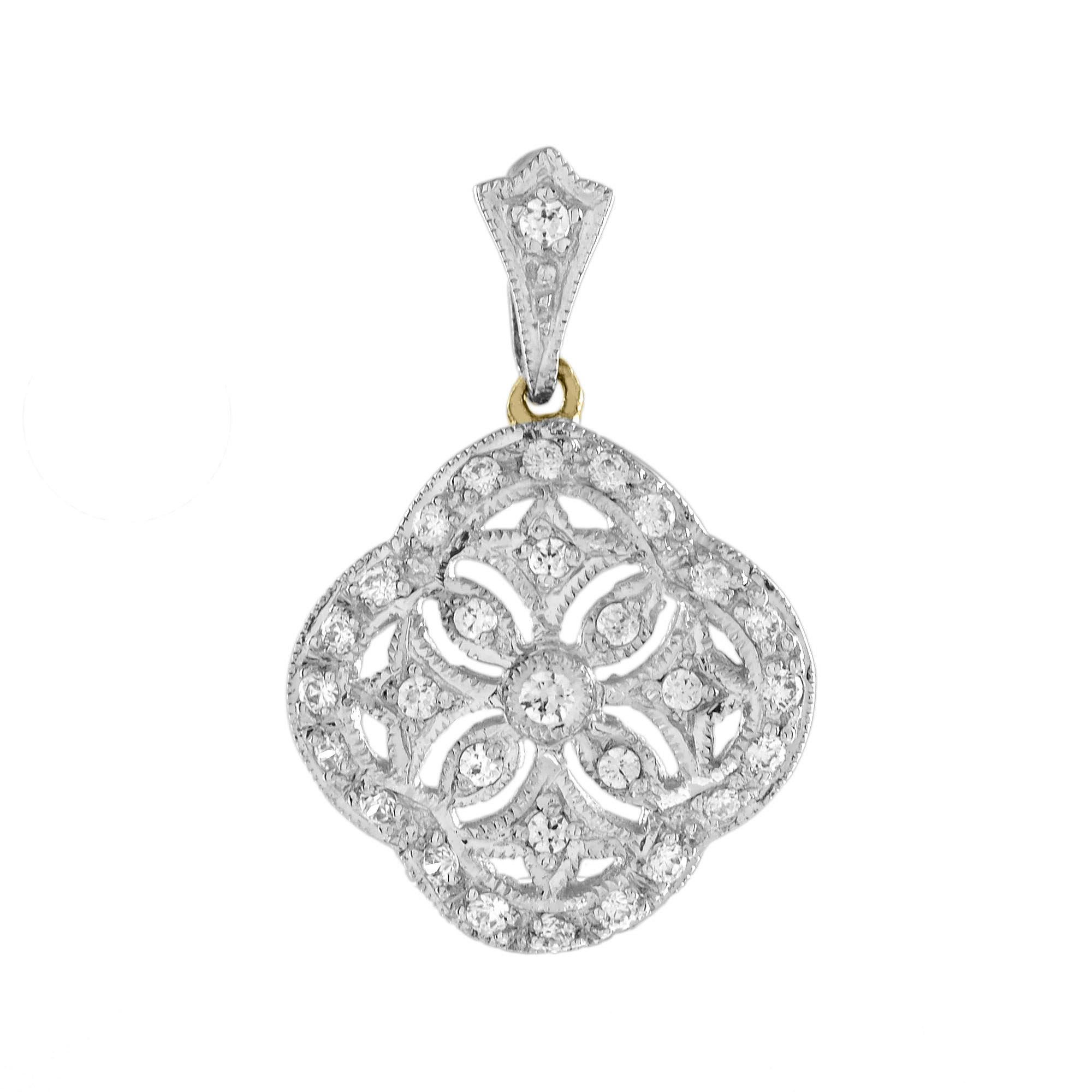Diamond Floral Edwardian Style Pendant and Earrings Jewelry Set in 14K Gold For Sale 1