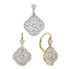 Ciondolo e orecchini floreali con diamanti in stile edoardiano in oro 14K