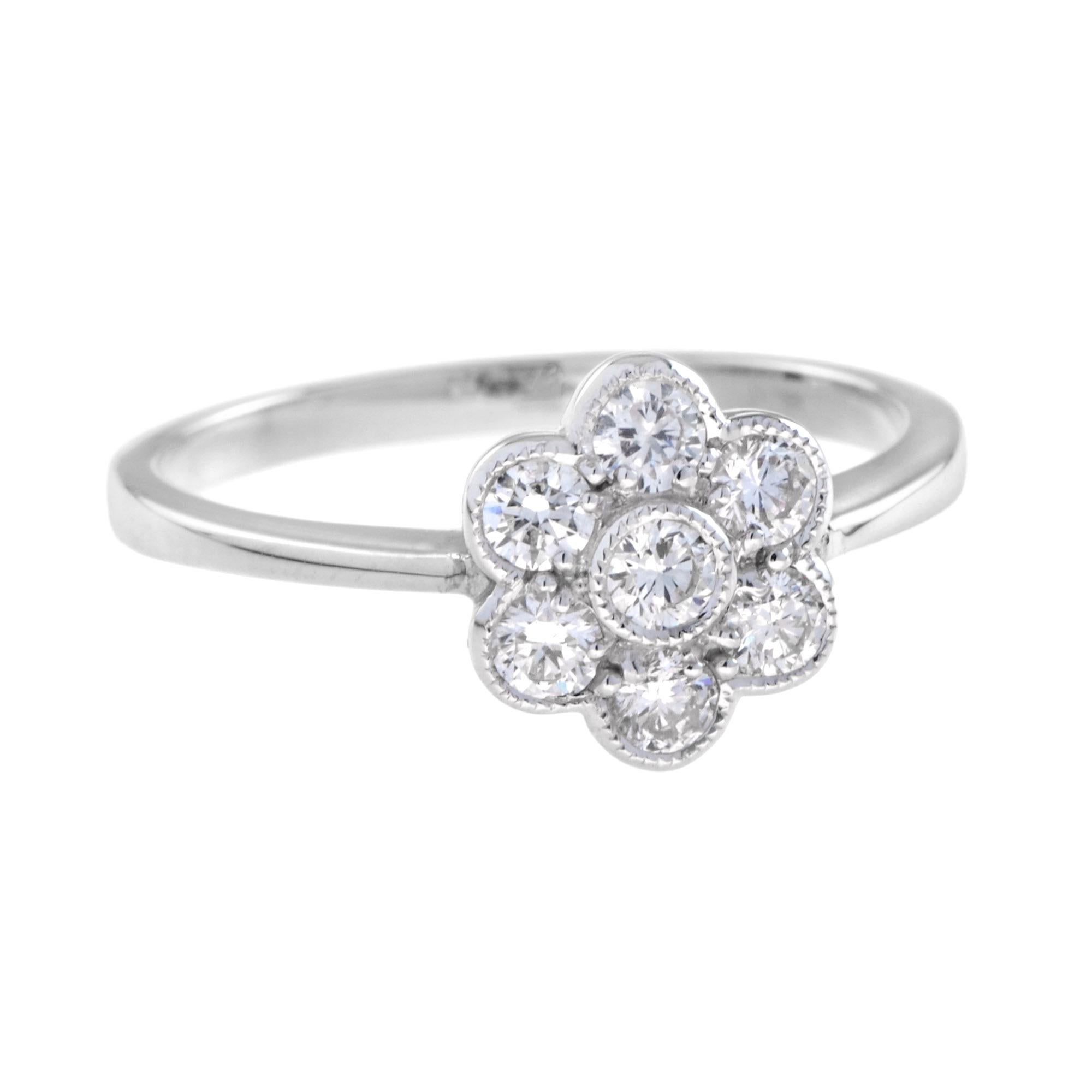 A stunning and beautiful design of the iconic Art Deco flower ring, featuring seven round cut and striking diamonds beautifully set into top.
Ring Information
Style: Art Deco
Weight: 2.00 g. (approx. total weight)
Gemstones
Type: Diamond
Shape: